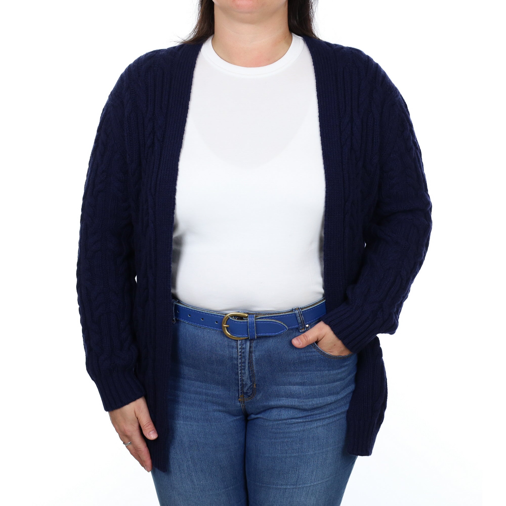 Brand New Scottish Navy Cable Cashmere Edge To Edge Cardigan Large