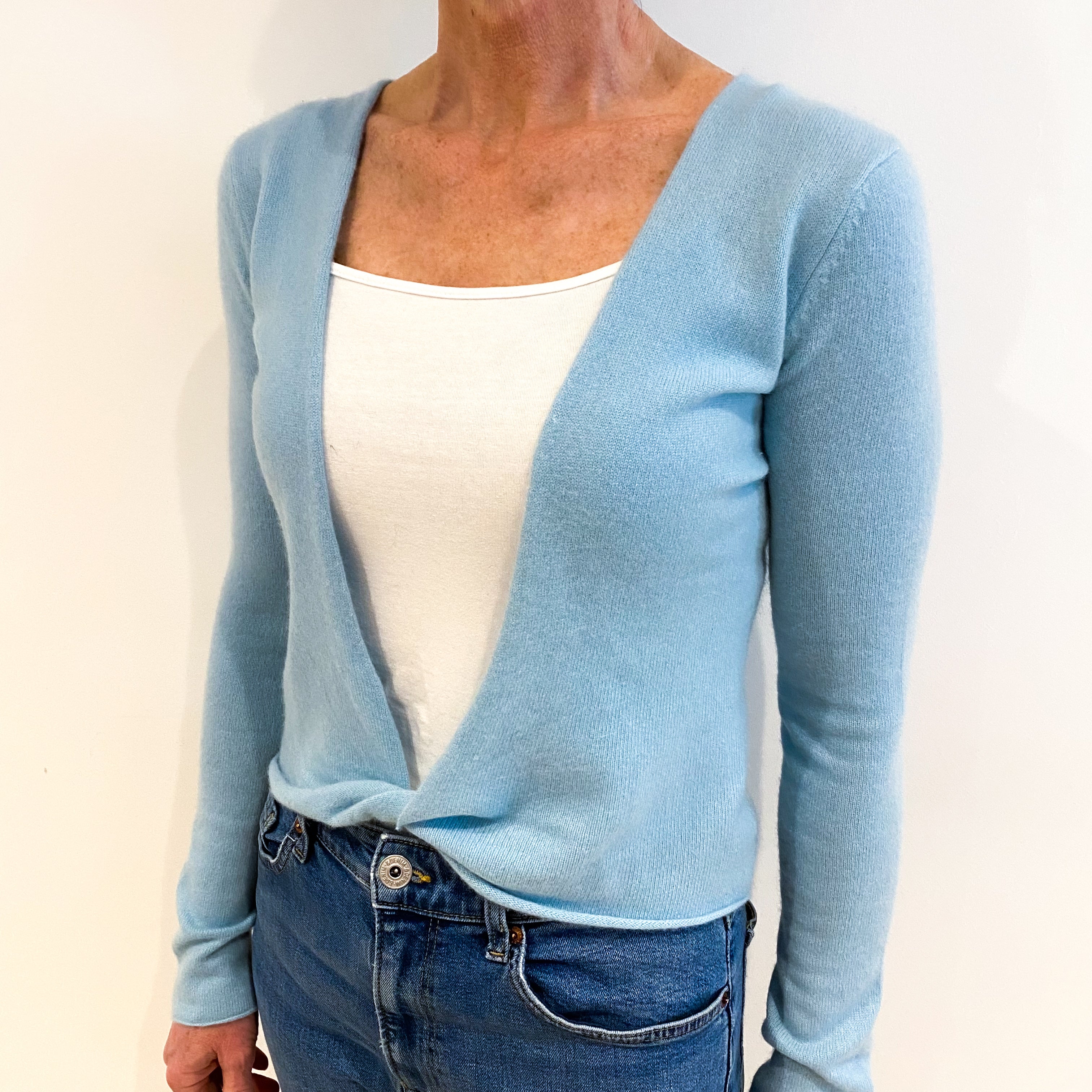 Pale Blue Aqua Cashmere Twist Front Cardigan Small