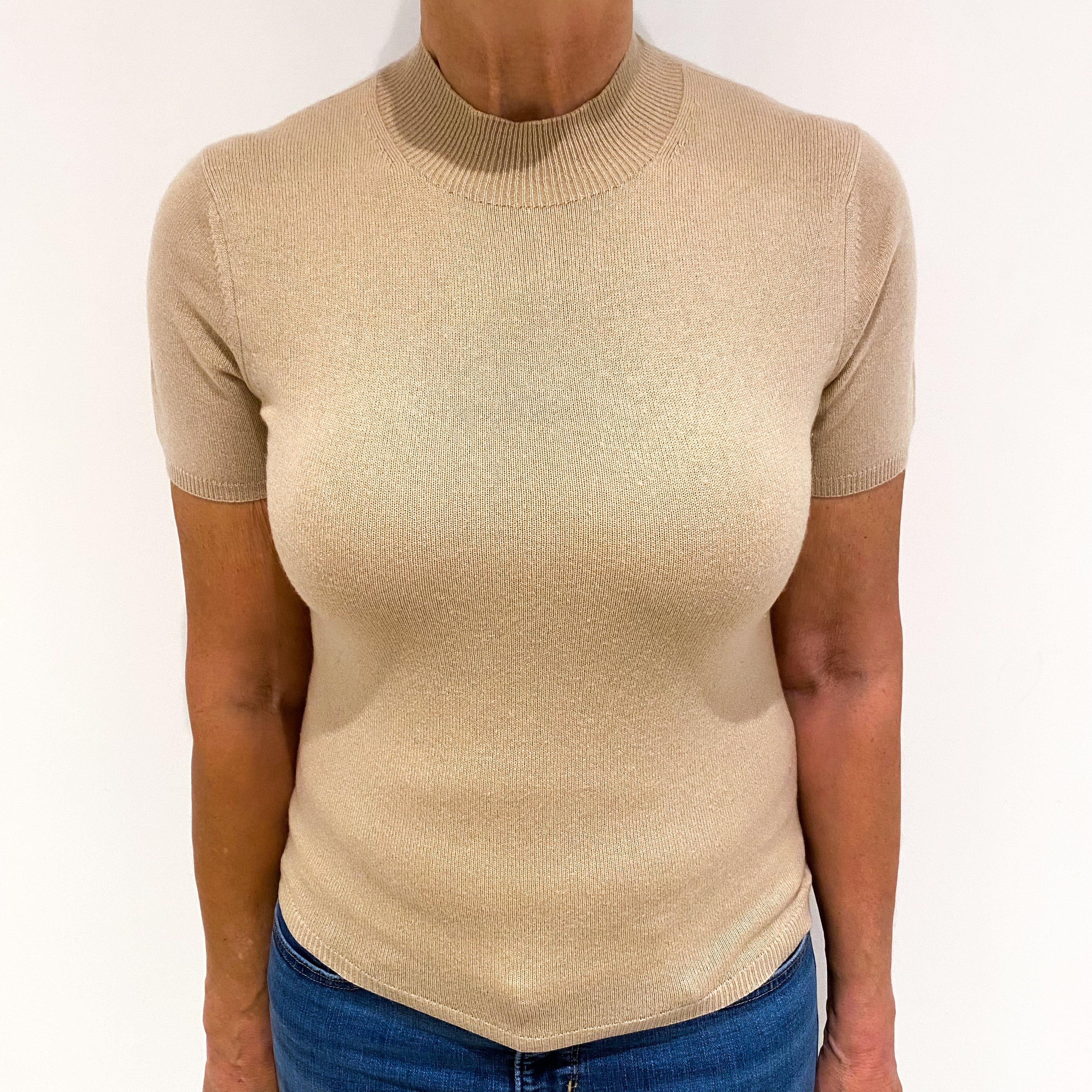 Fawn Beige Cashmere Short Sleeved Turtle Neck Jumper Medium