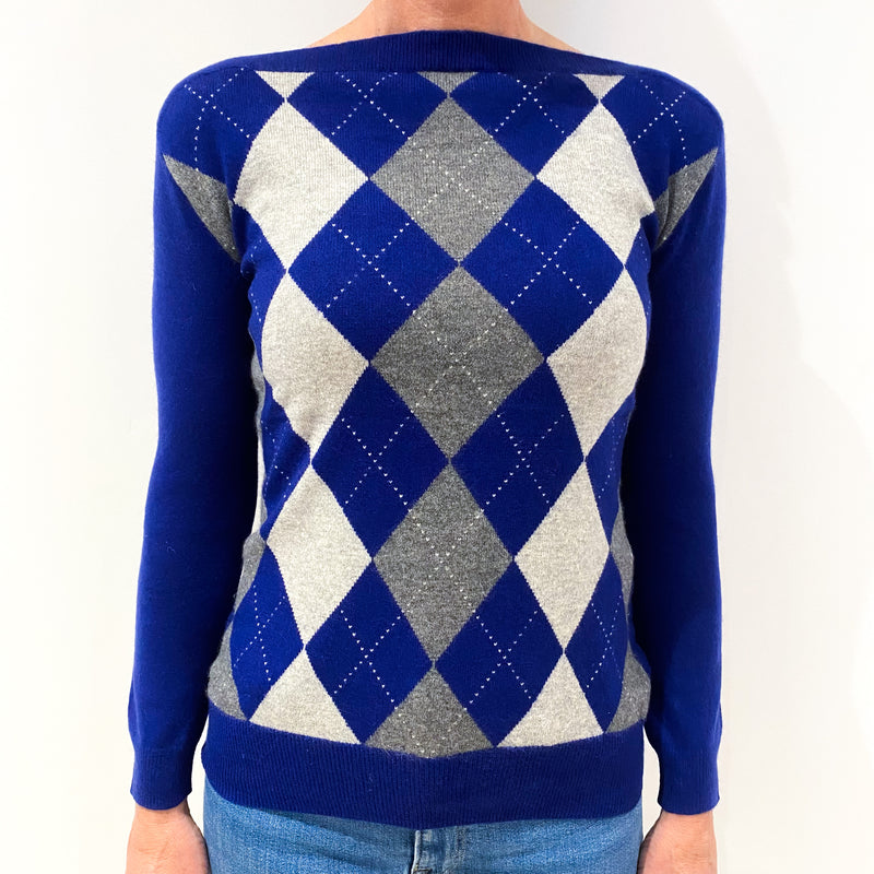 Blue and Grey Argyle Cashmere Boat Neck Jumper Small
