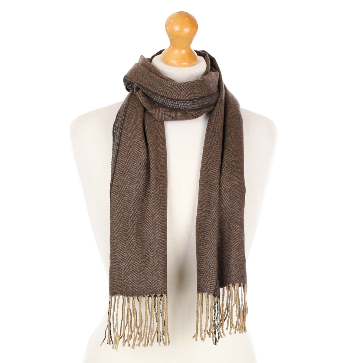 Brown Herringbone Lightweight Cashmere Fringed Woven Scarf