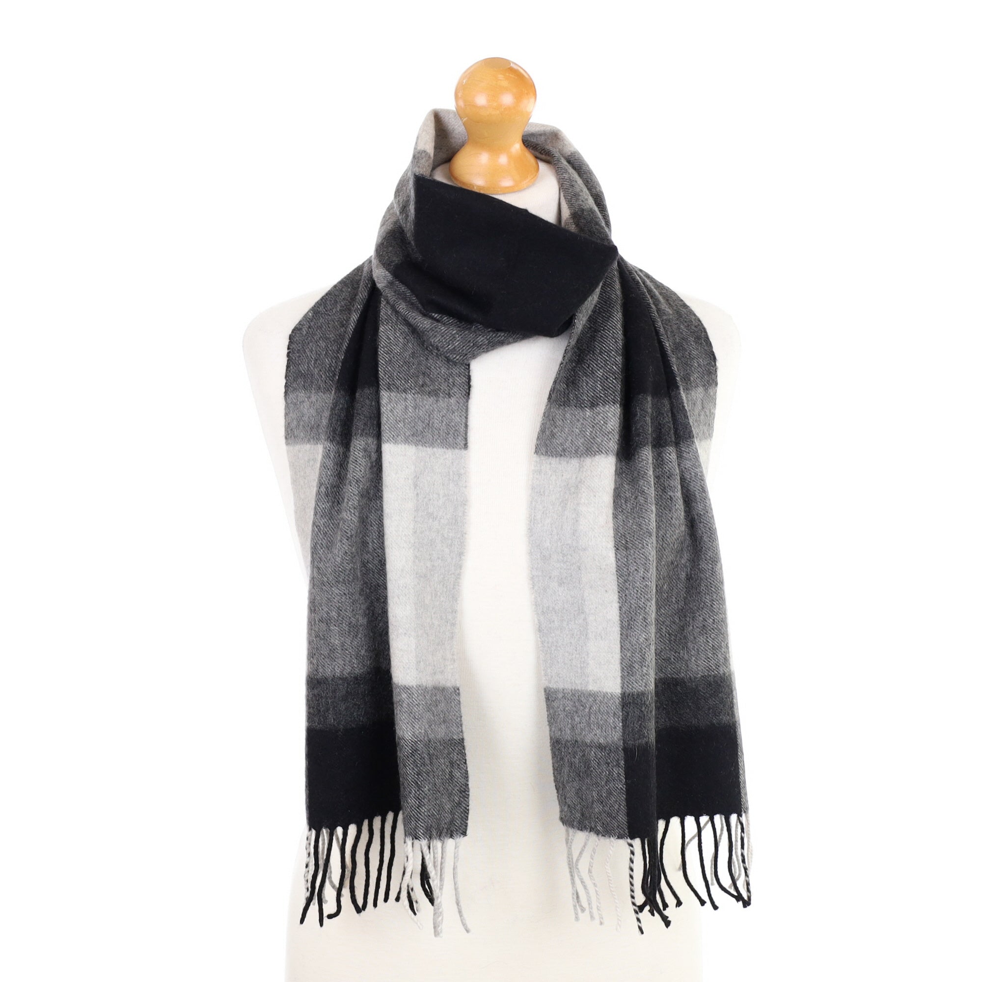 Black and Grey Checked Fringed Cashmere Woven Scarf