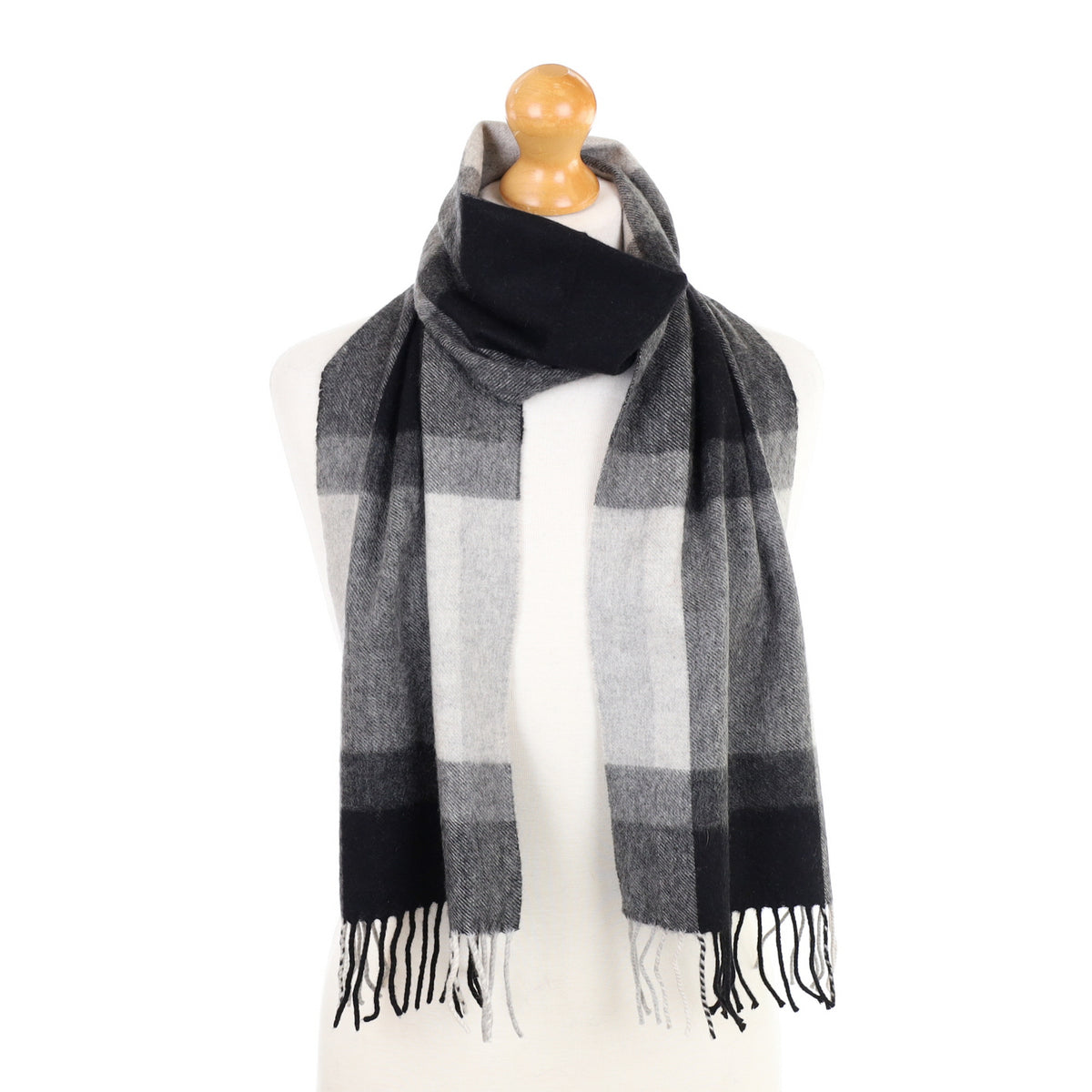 Black and Grey Checked Fringed Cashmere Woven Scarf