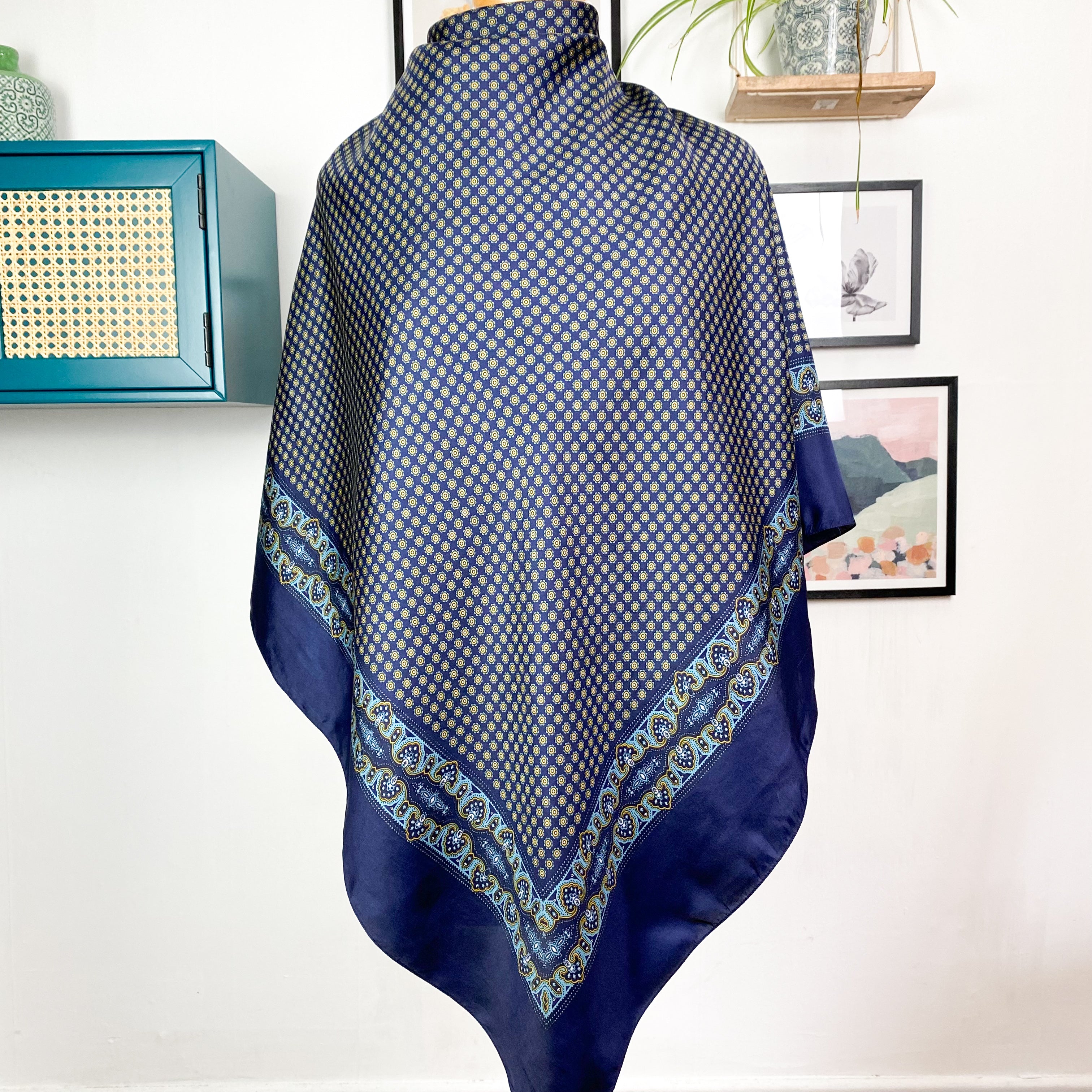Navy Spotty Pattern Vintage Silk Scarf