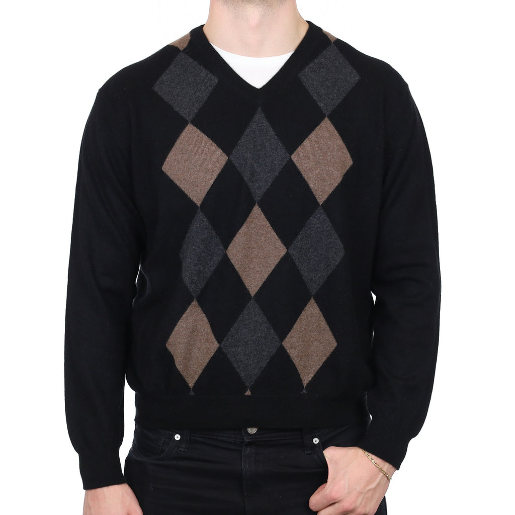 Men’s Black Diamond Pattern Cashmere V Neck Jumper Extra Large