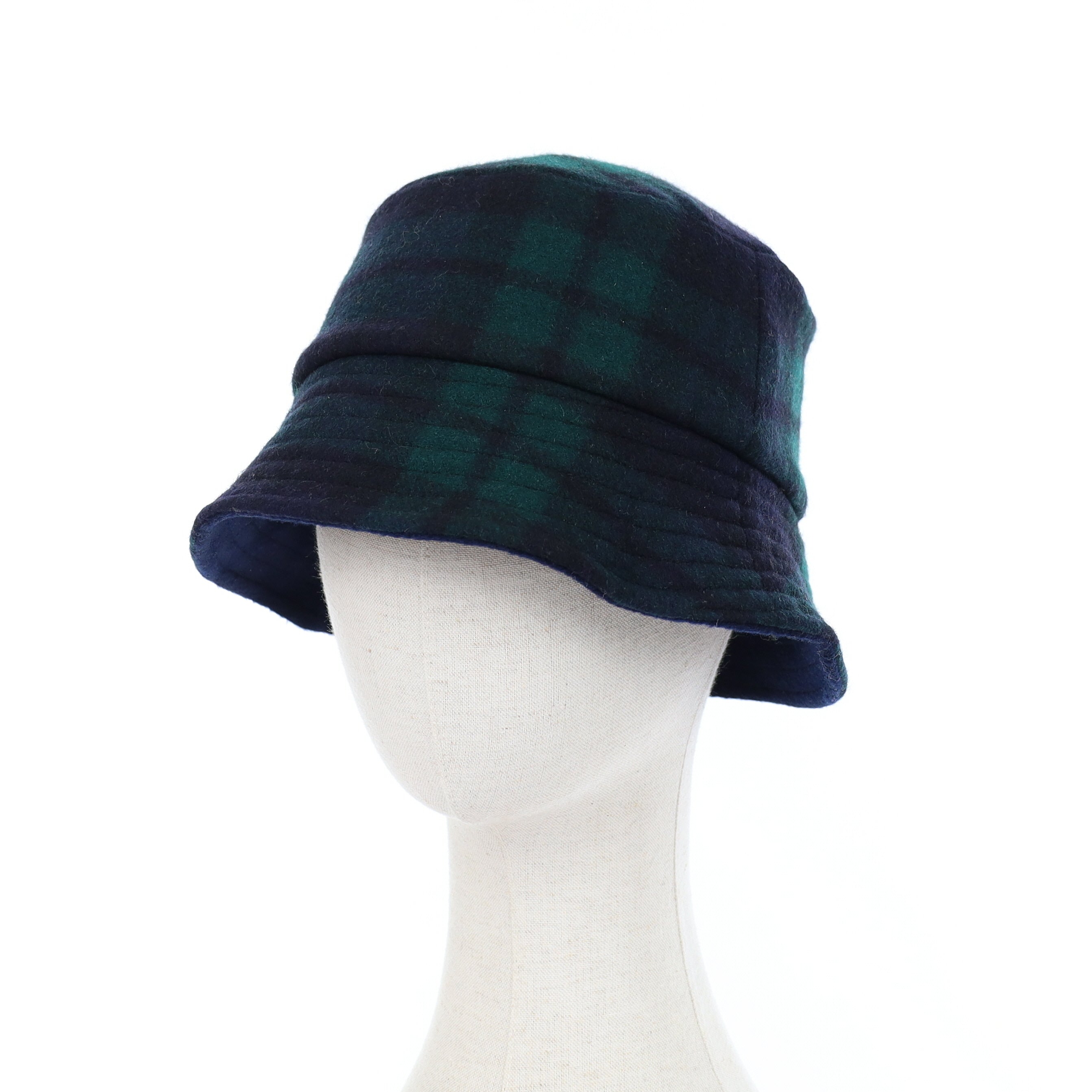 Navy and Green Plaid Reversible Cashmere Bucket Hat Medium