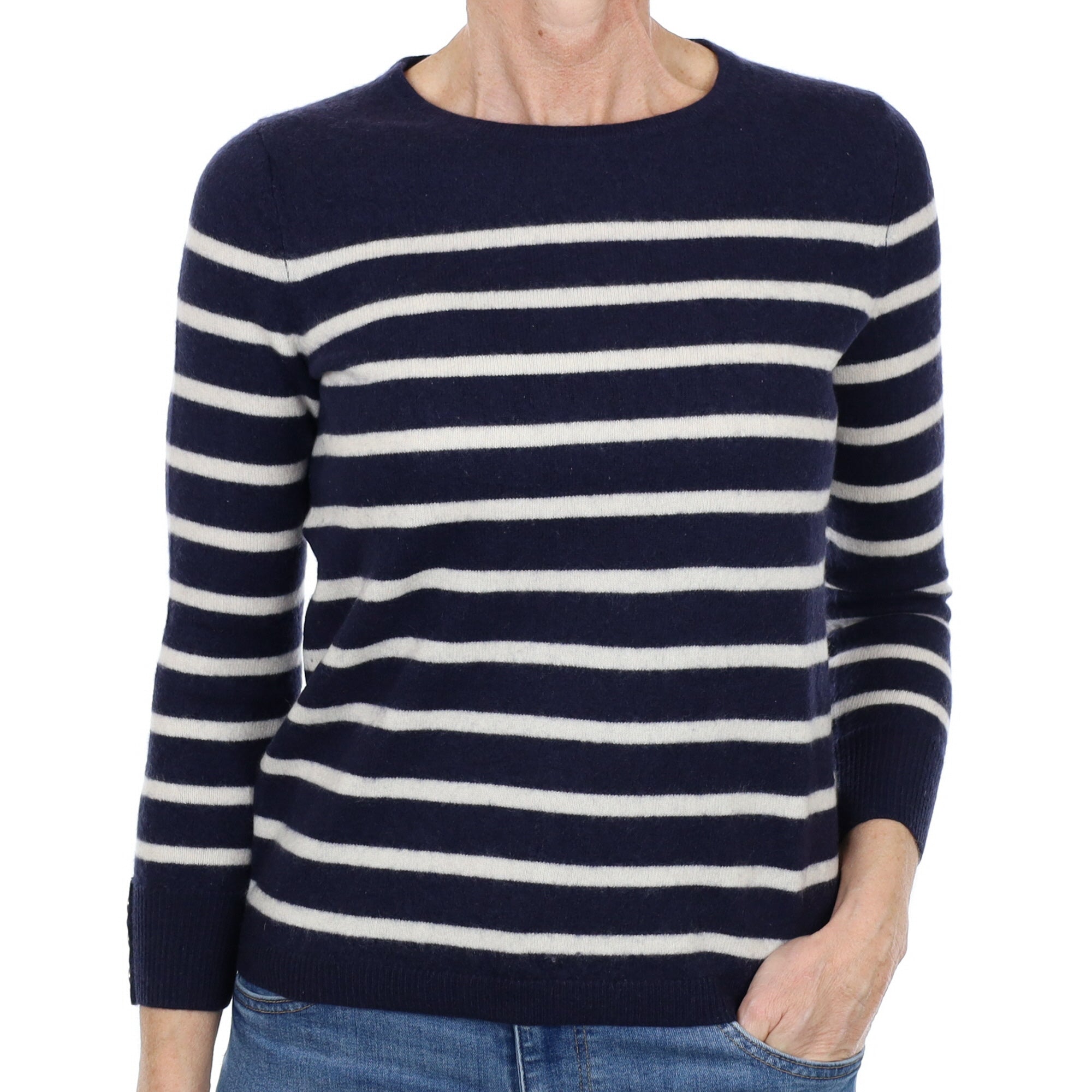 Navy Striped Cashmere Crew Neck Jumper Small