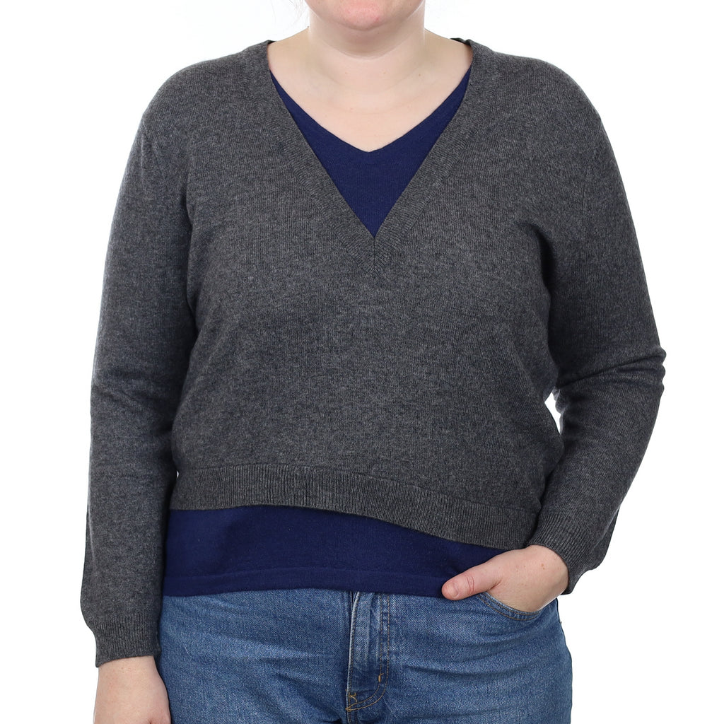 Eric Bompard Grey & Navy Cashmere V Neck Jumper Large