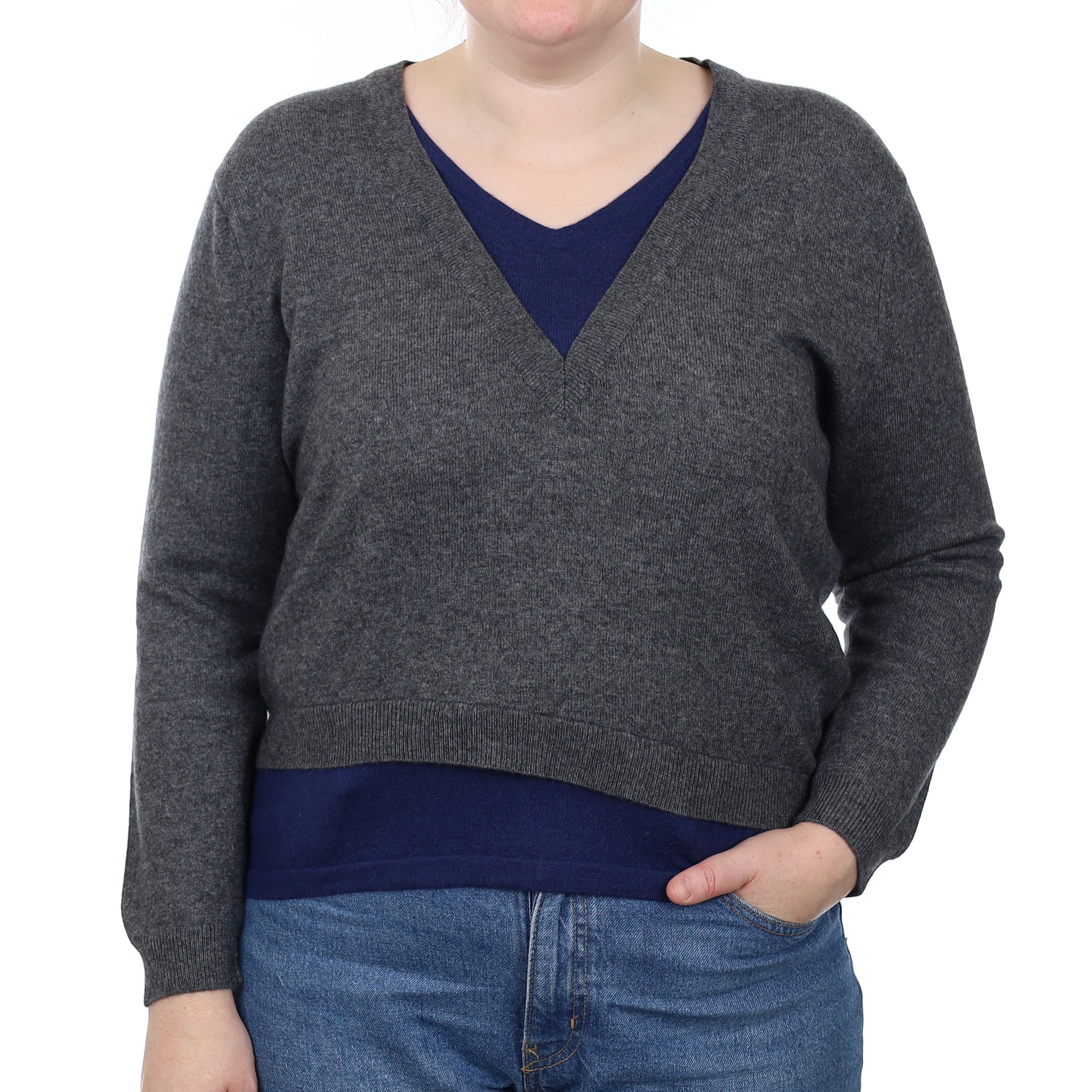 Eric Bompard Grey & Navy Cashmere V Neck Jumper Large