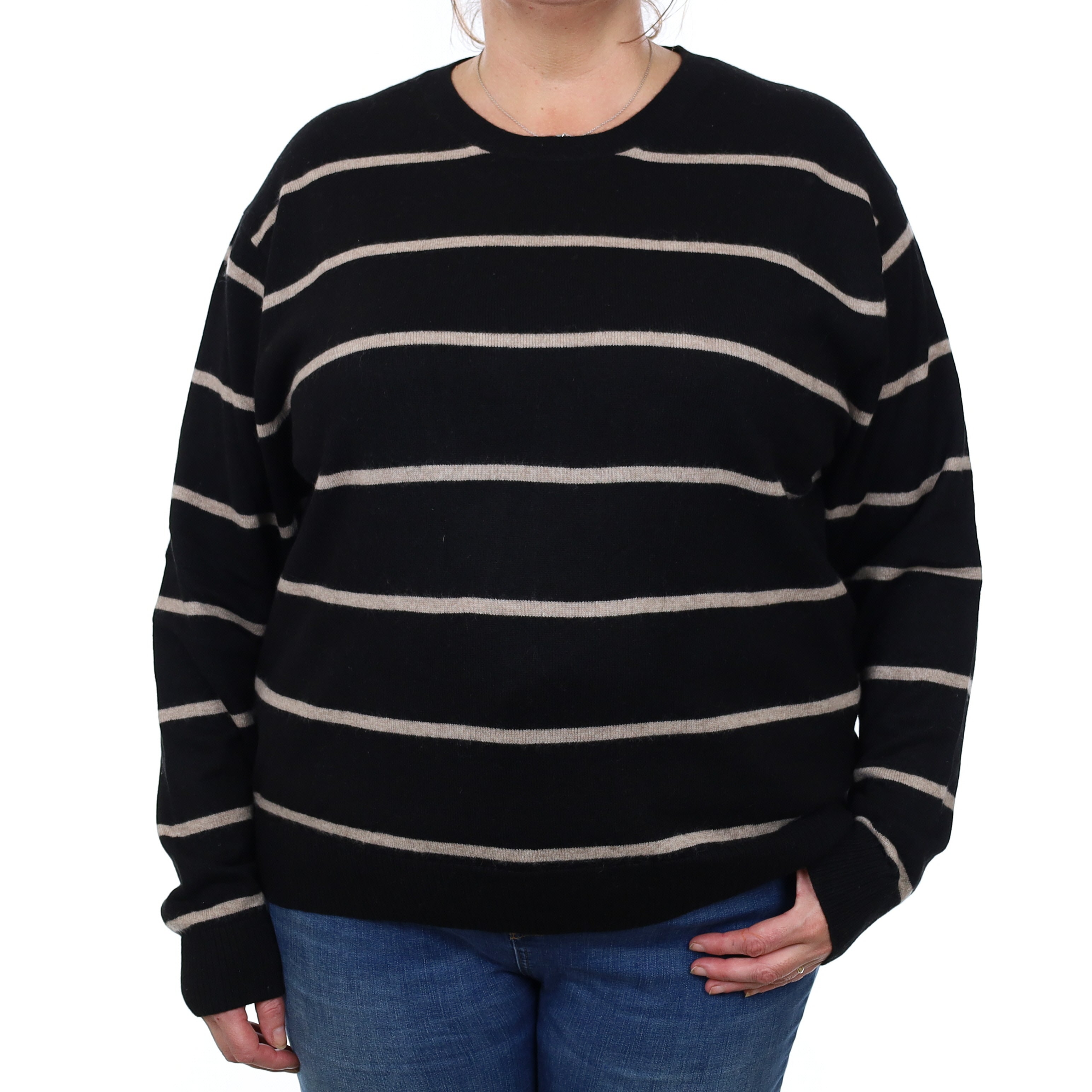 Black and Fawn Striped Cashmere Crew Neck Jumper 3XL