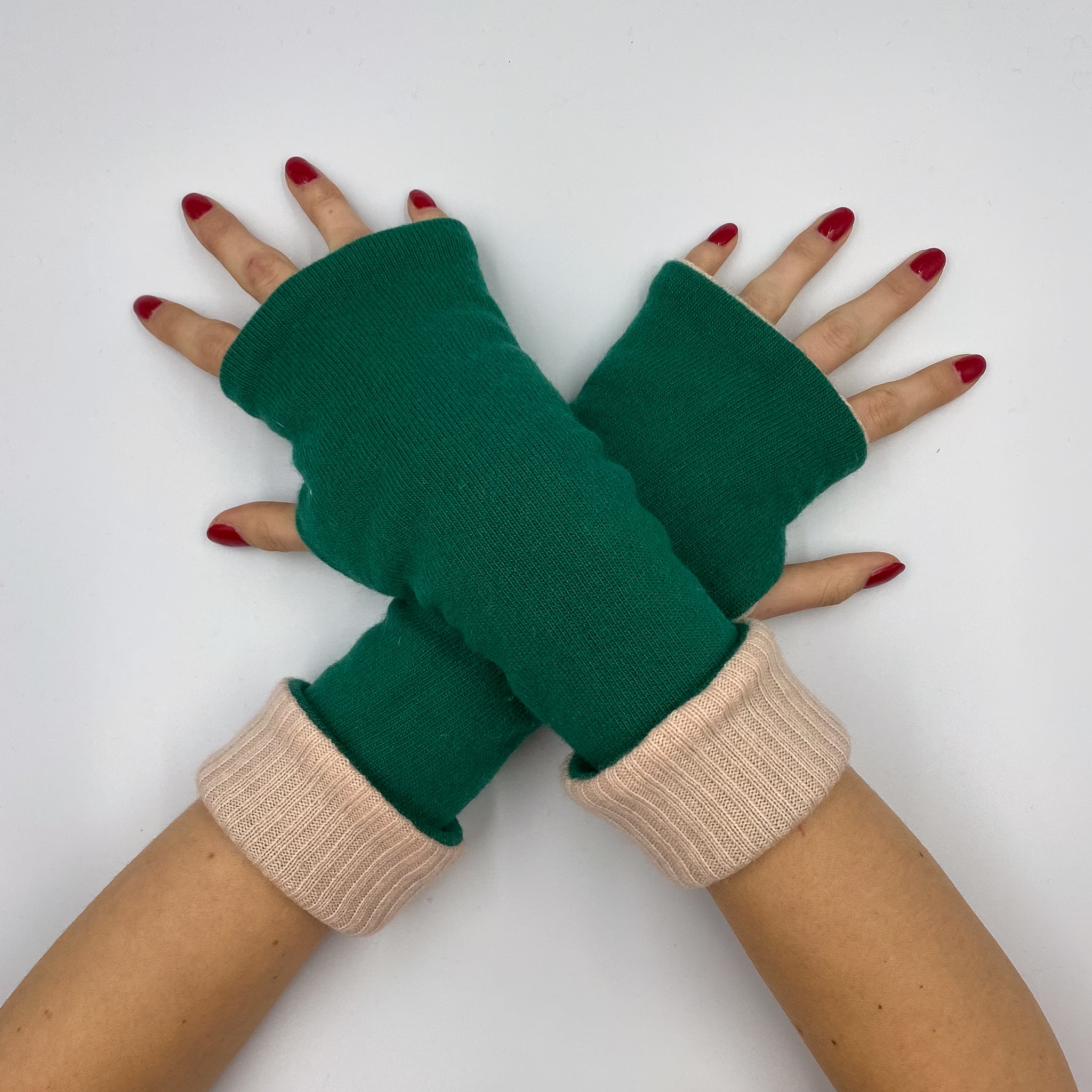 Emerald Green and Ice Pink Luxury Reversible Cashmere Fingerless Gloves