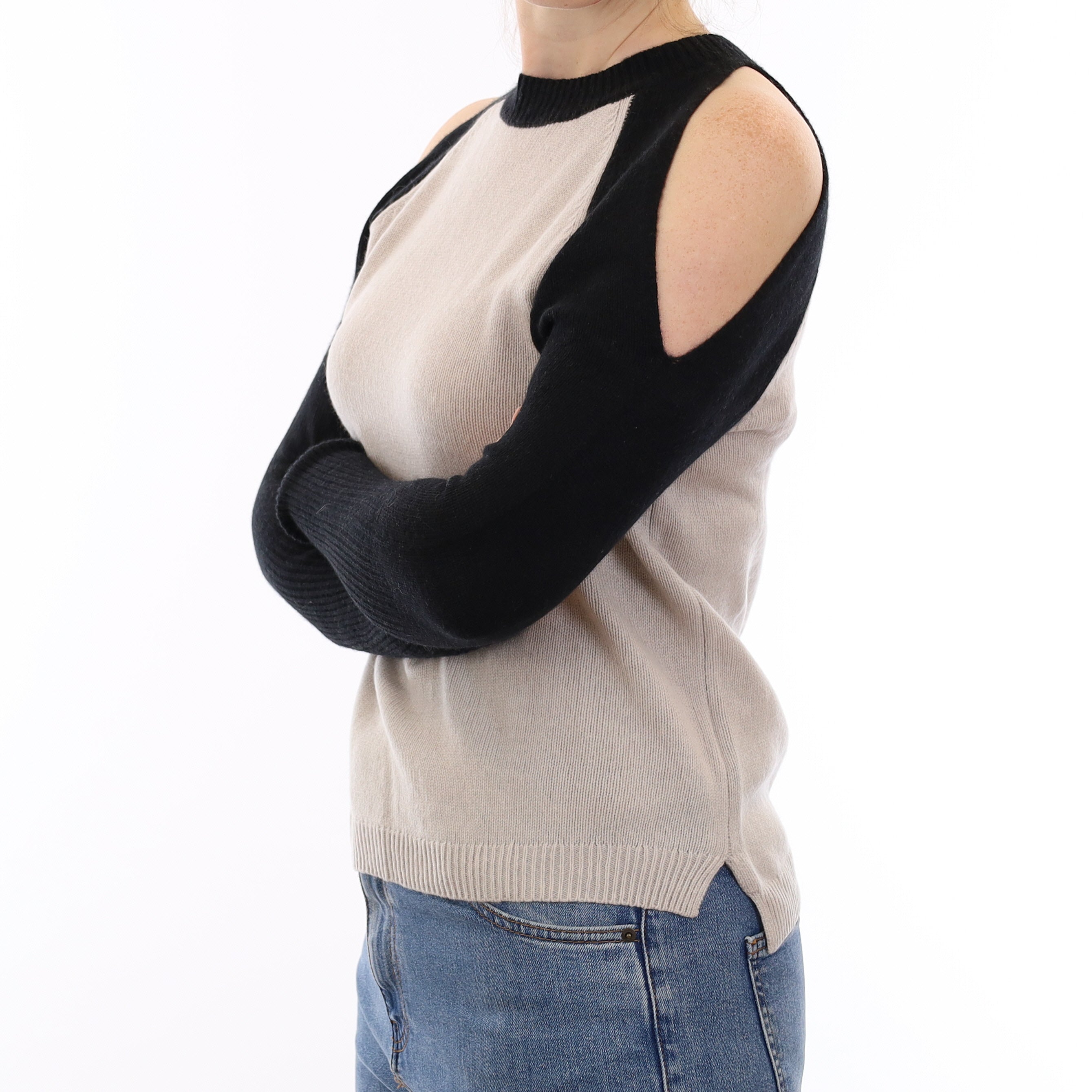Frost Grey Colour Block Cashmere Cold Shoulder Crew Neck Jumper Small