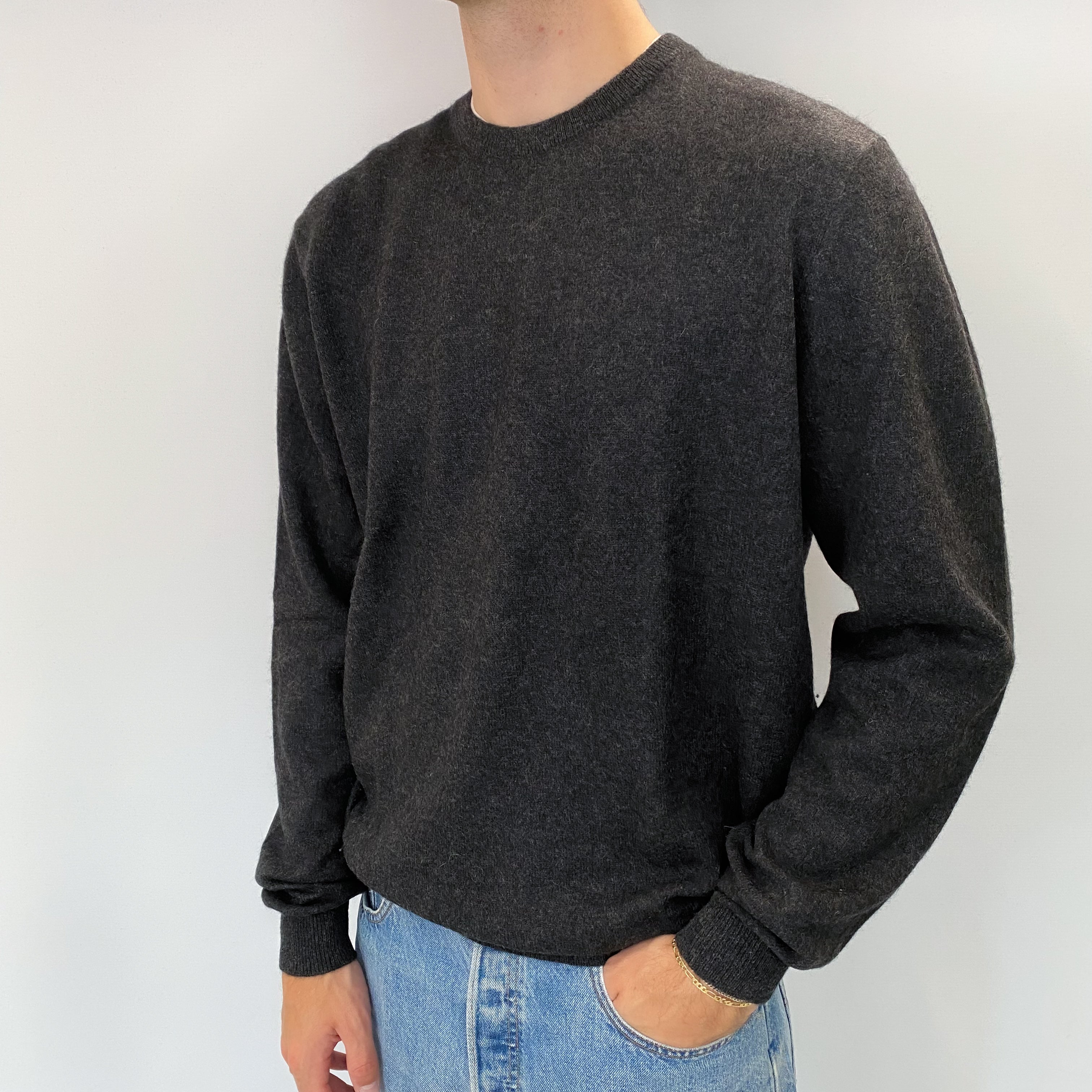 Men's Charcoal Grey Cashmere Crew Neck Jumper Large