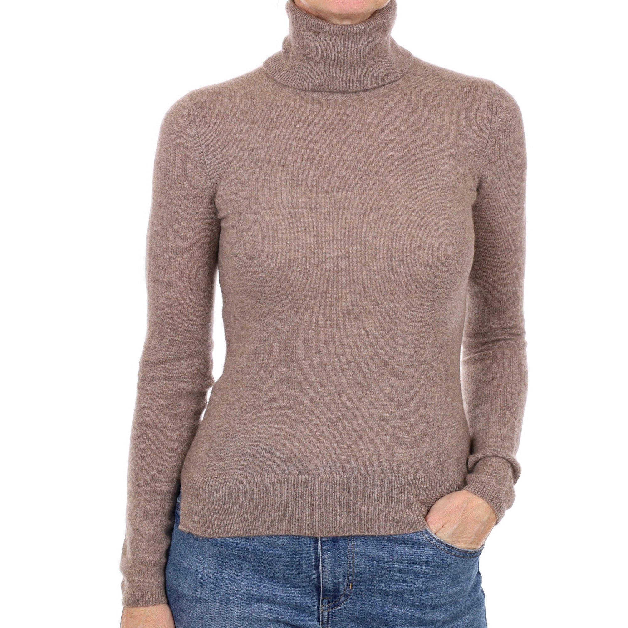 Biscuit Brown Cashmere Polo Neck Jumper Small