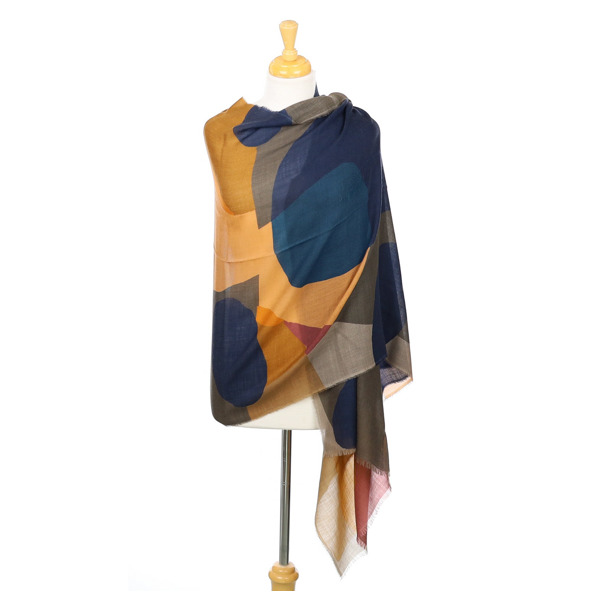 Scottish Begg & Co Deep Denim and Cinnamon Patterned Fine Woven Cashmere Wrap