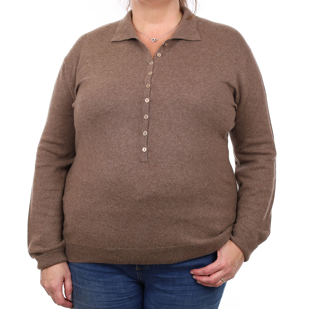 Mocha Brown Cashmere Button Front Jumper with Collar XL