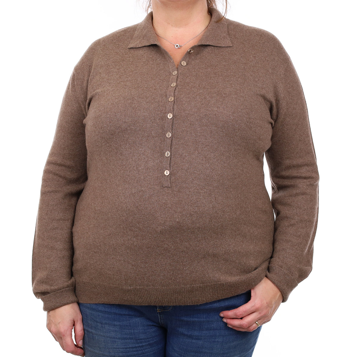 Mocha Brown Cashmere Button Front Jumper with Collar XL