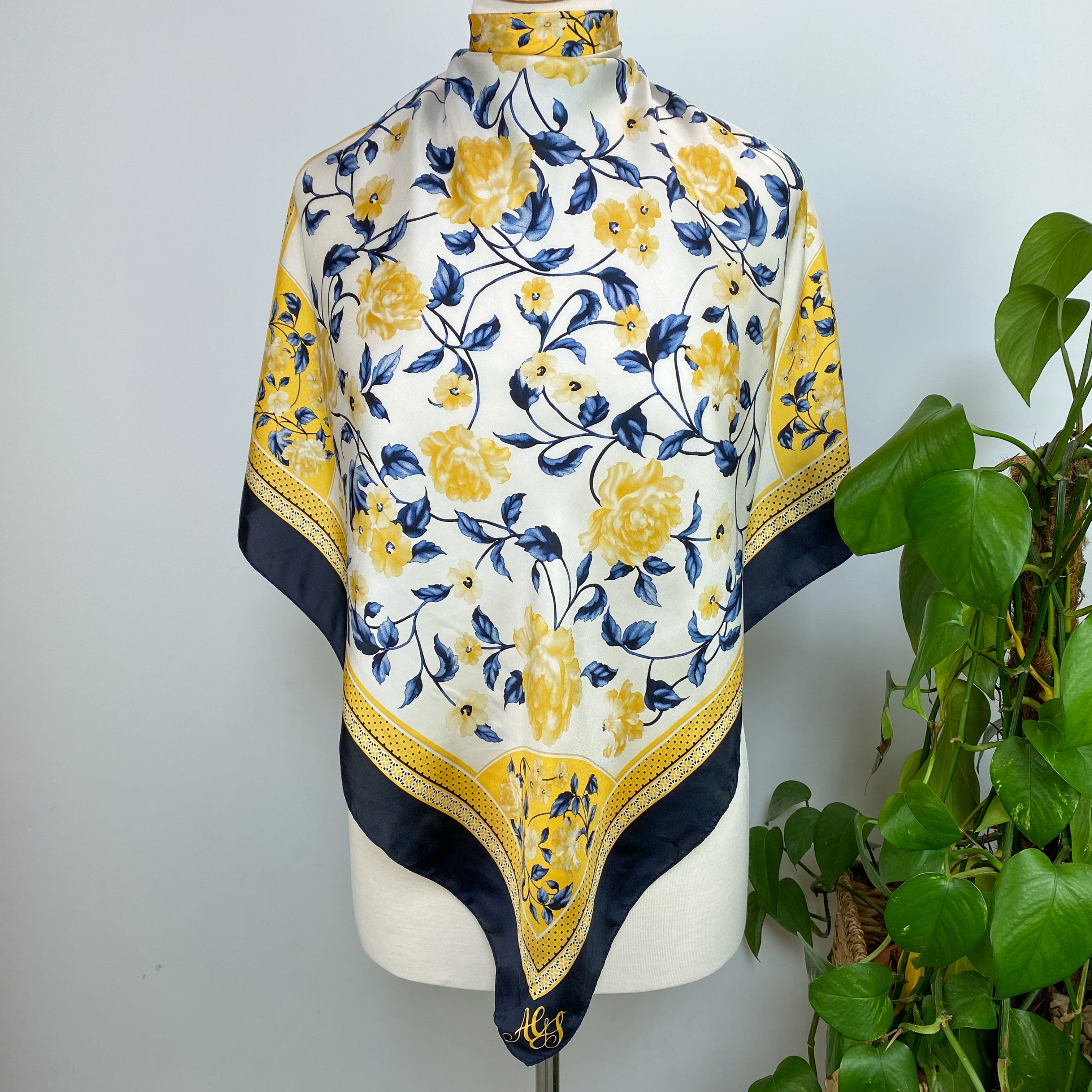 Dark Navy and Yellow Silk Scarf