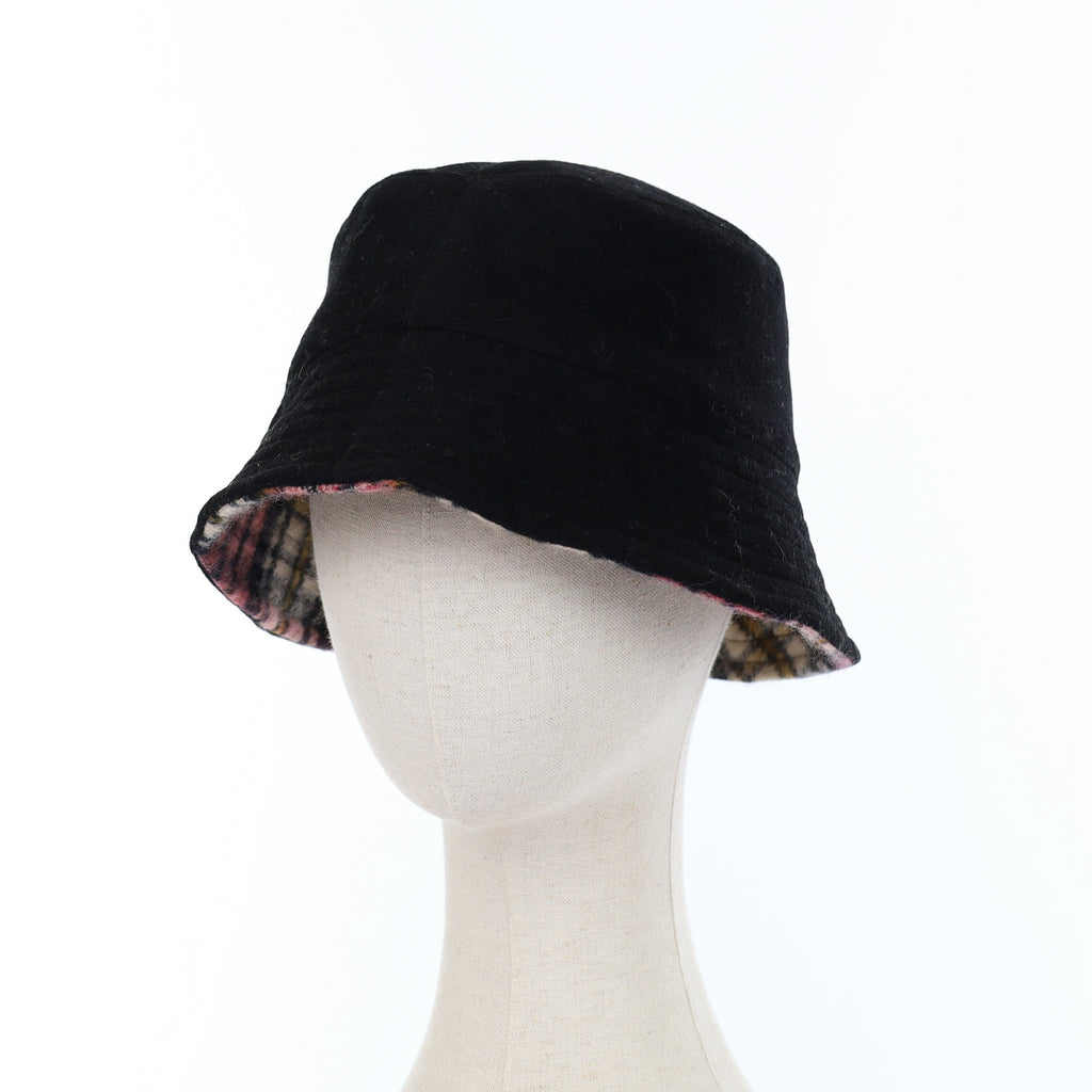 Pink Black and Cream Patterned Reversible Cashmere Bucket Hat Medium