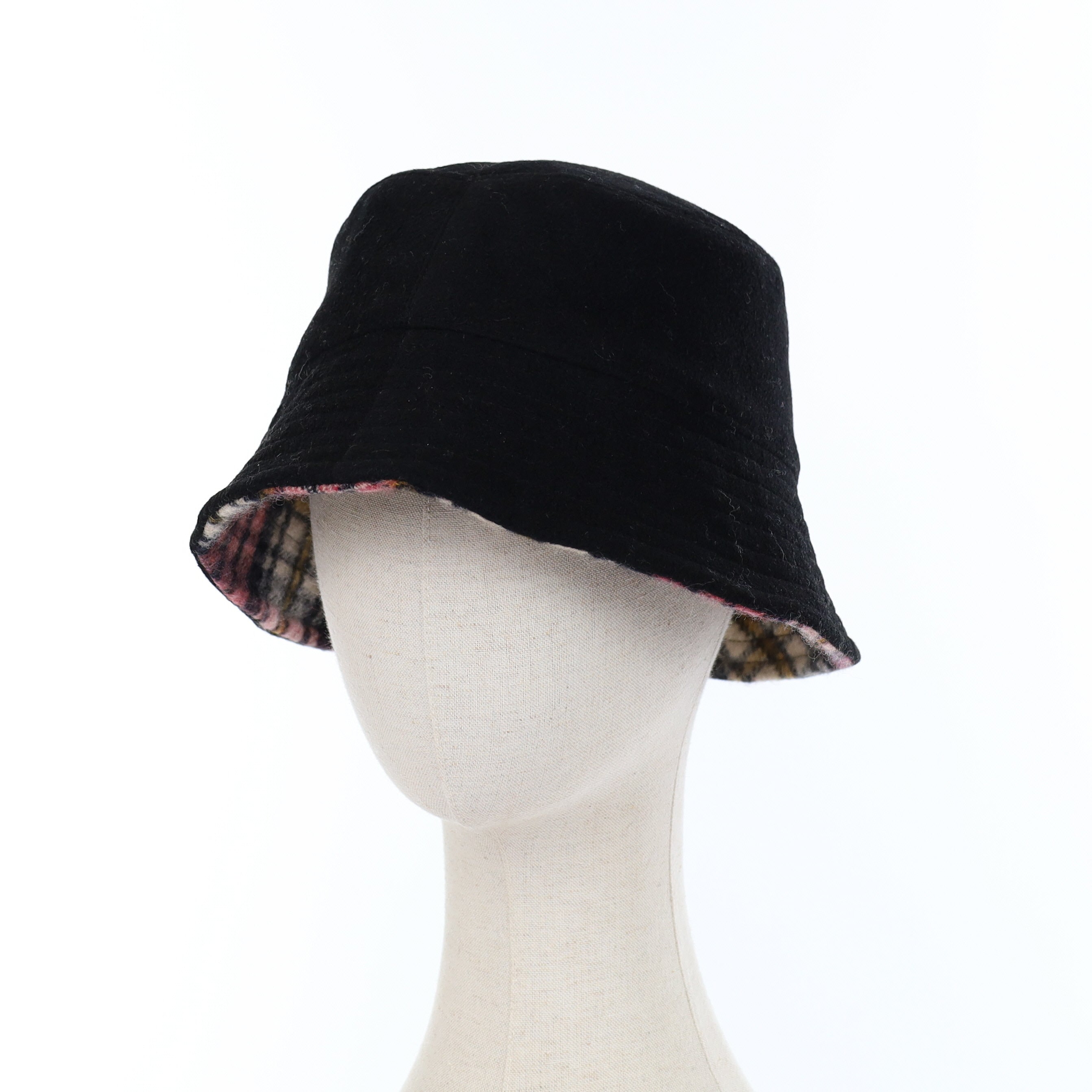 Pink Black and Cream Patterned Reversible Cashmere Bucket Hat Medium