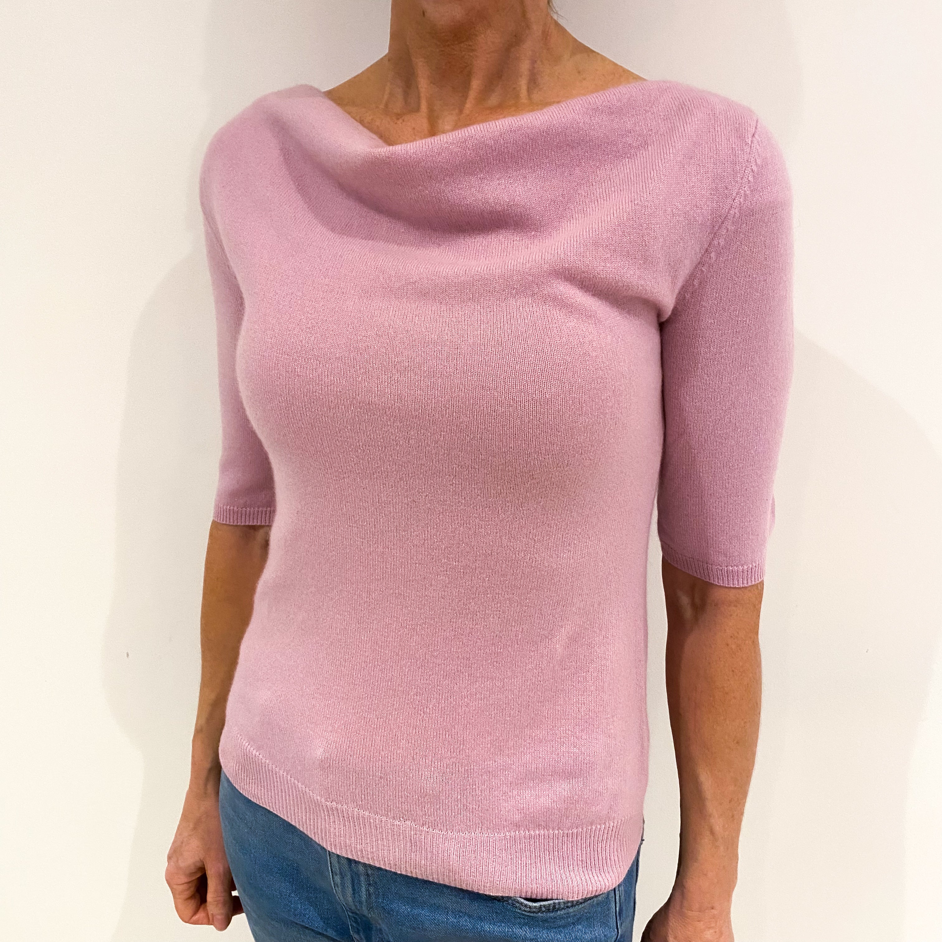 Mauve Pink Cashmere Short Sleeve Drape Neck Jumper Small