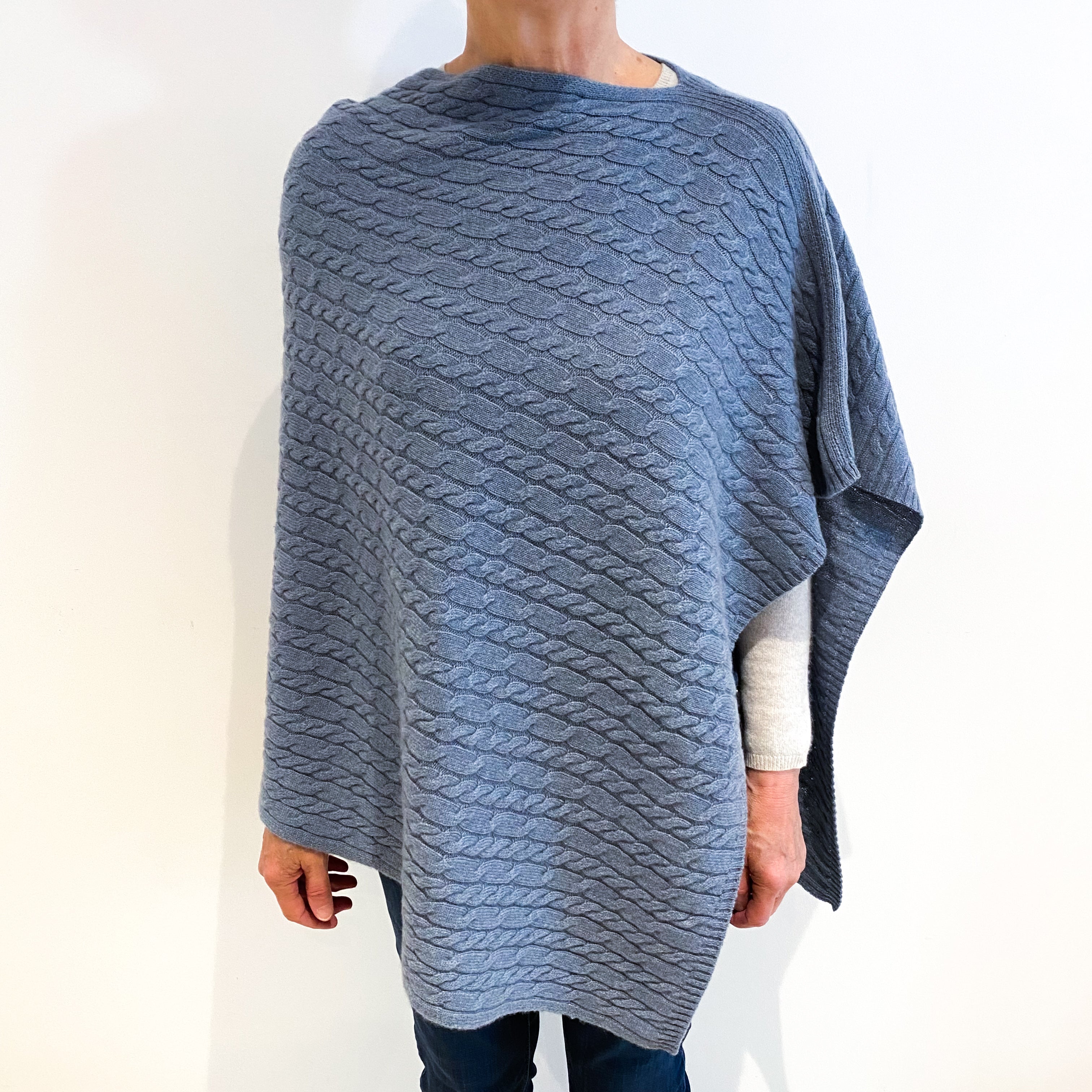 Brand New Scottish Dusky Grey Blue Cashmere Cable Poncho One Size