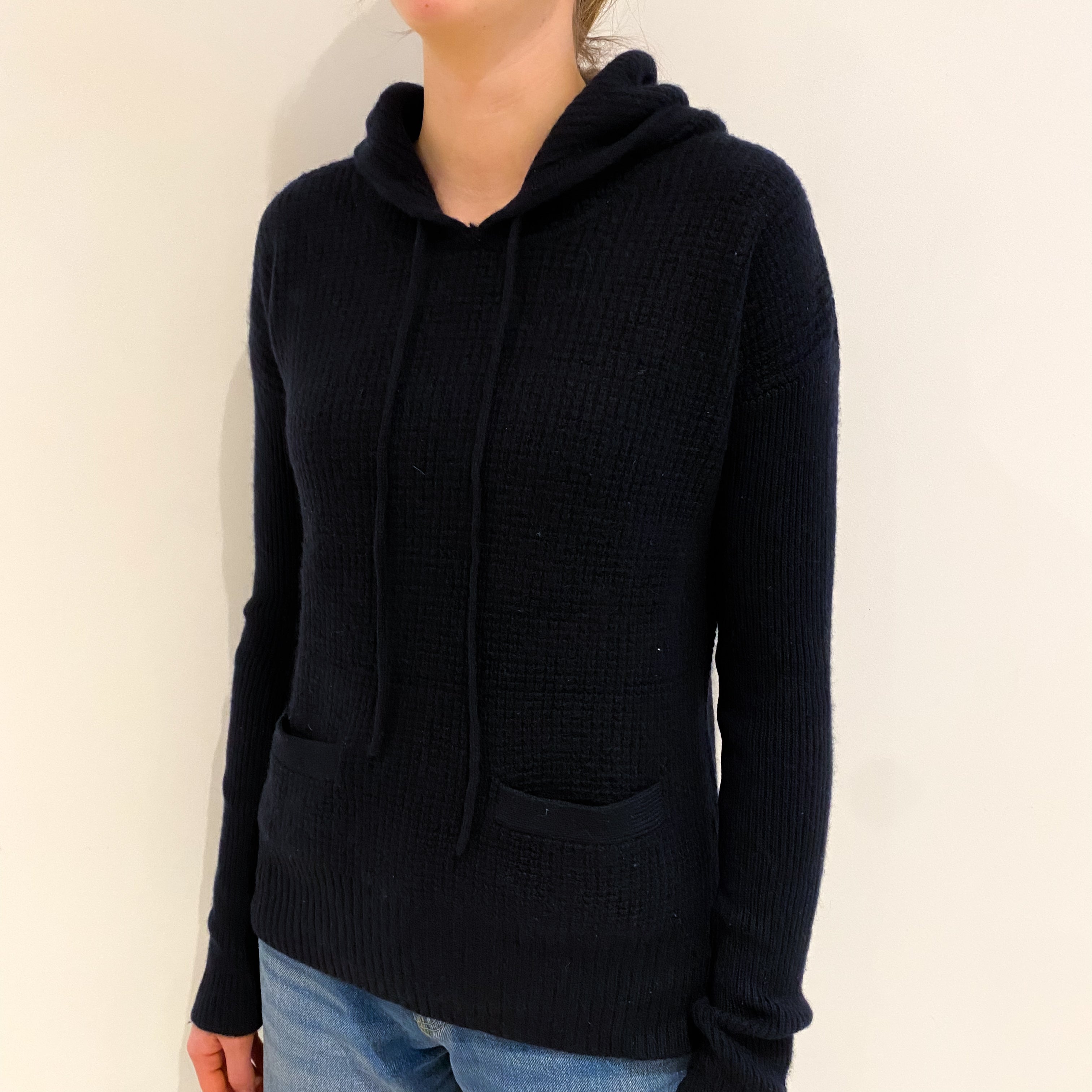 Dark Navy Waffle Knit Cashmere Hoodie Jumper with Pockets Extra Small