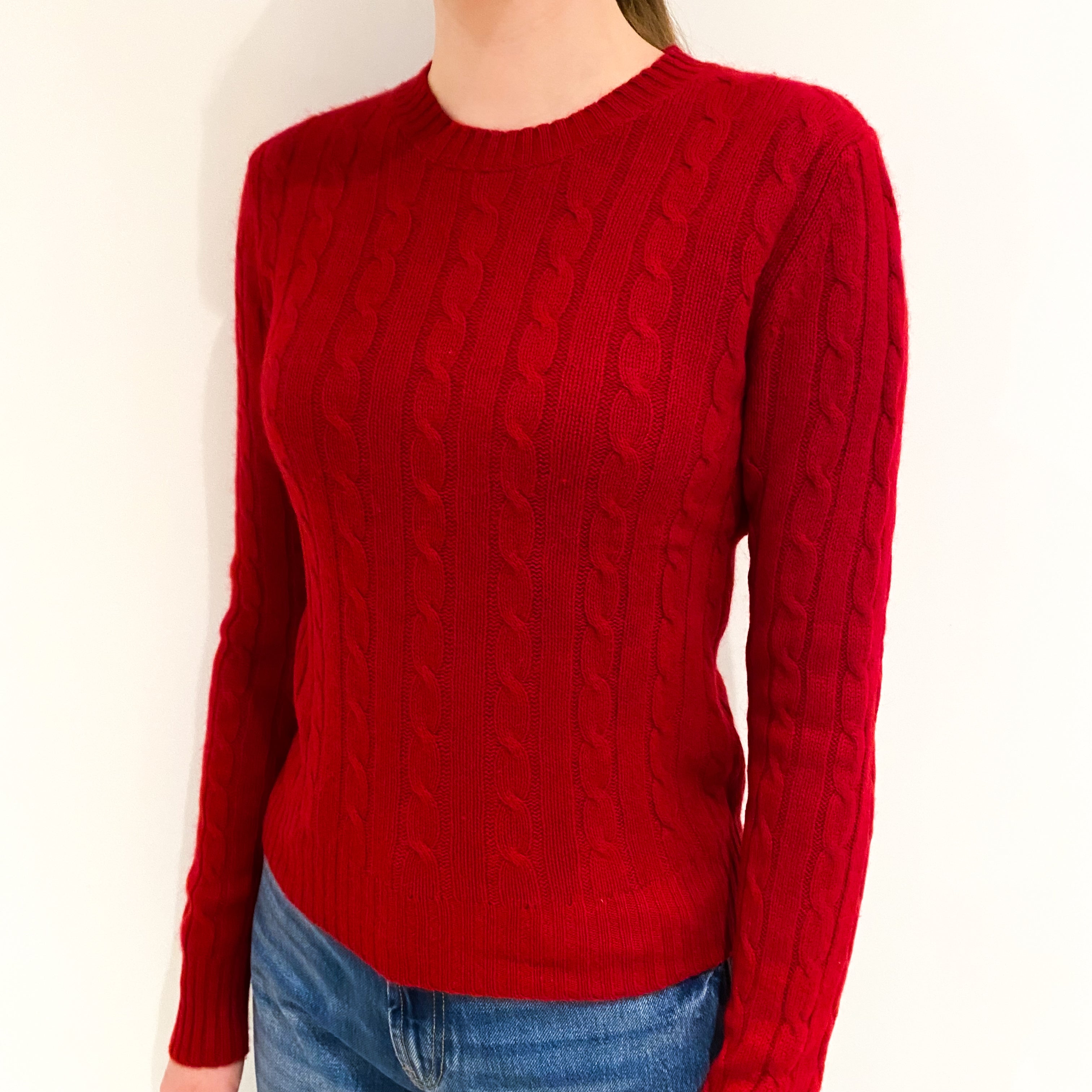 Post Box Red Cable Knit Cashmere Crew Neck Jumper Extra Small