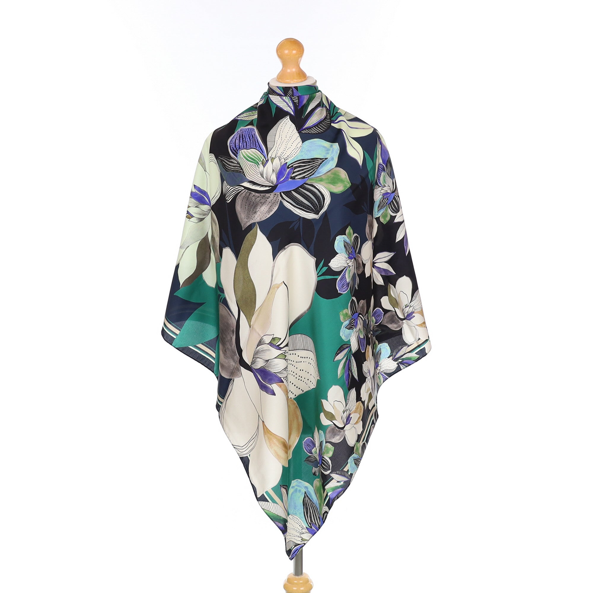 Navy And Green Artisitc Floral Silk Scarf