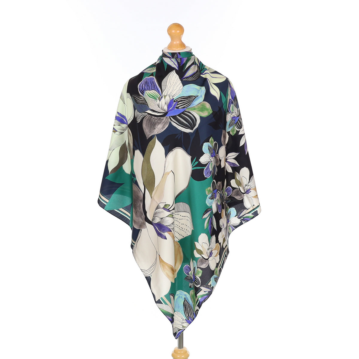 Navy And Green Artisitc Floral Silk Scarf