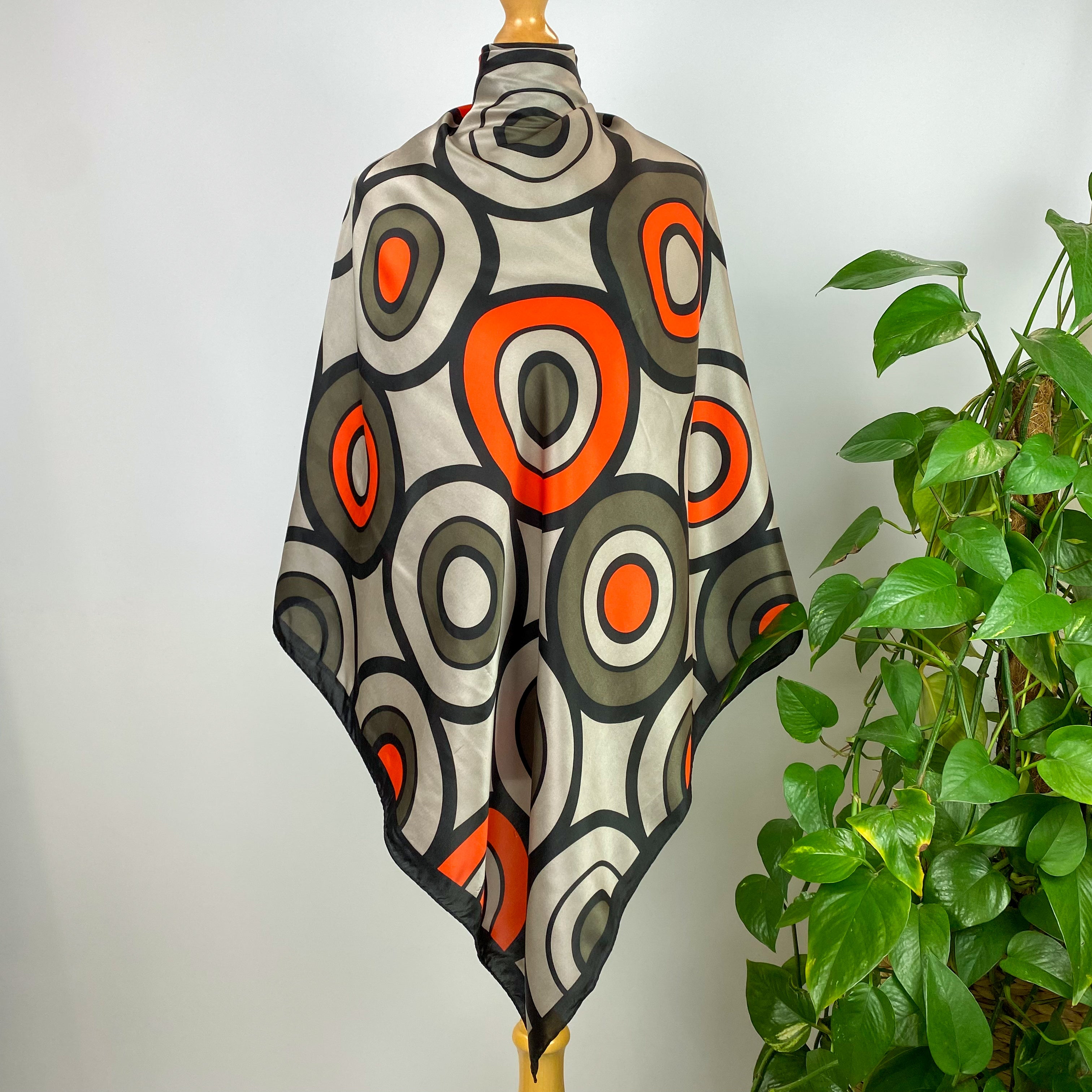 Circle Design Black Grey and Orange Silk Scarf