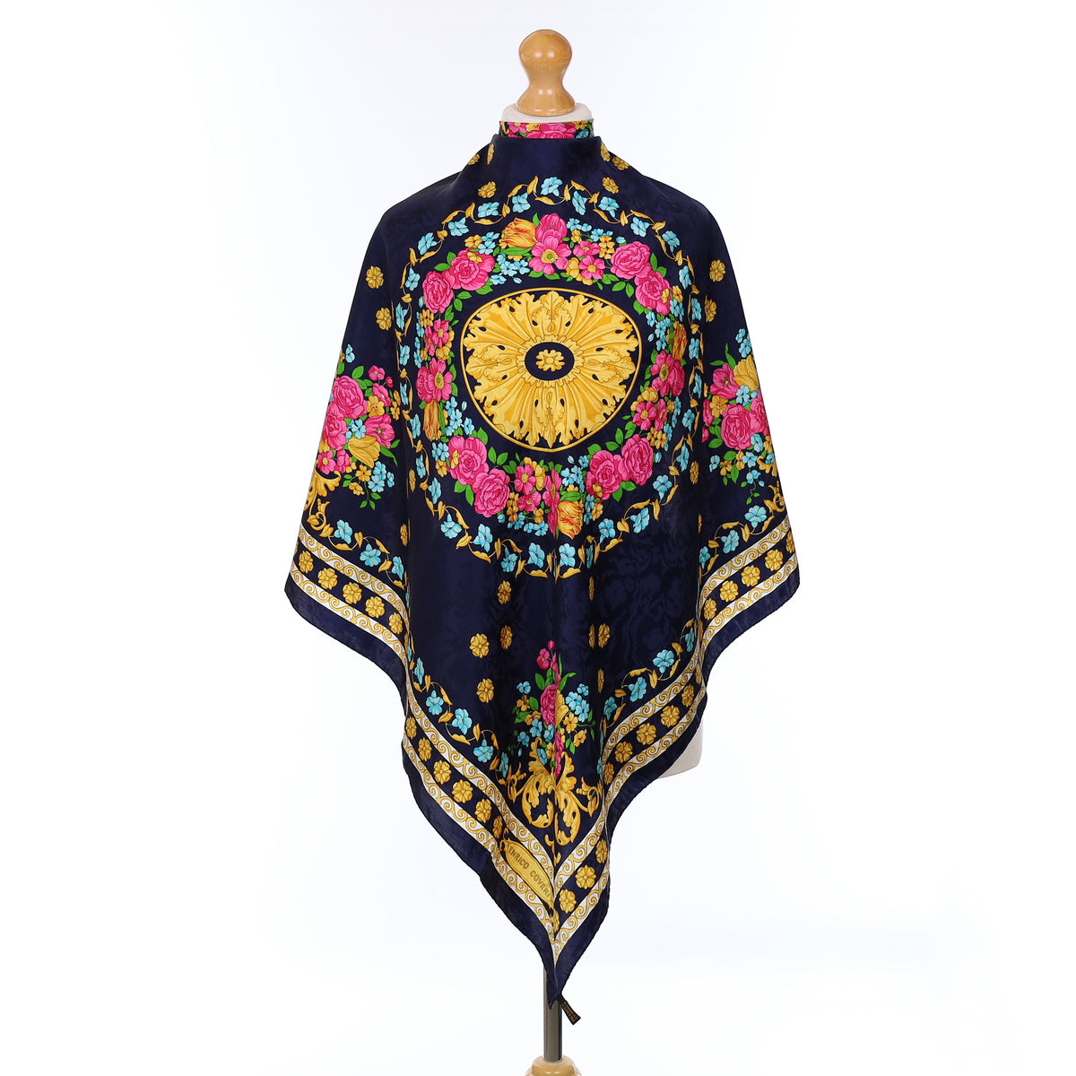 Enrico Coveri Navy Floral Baroque Style Silk Scarf