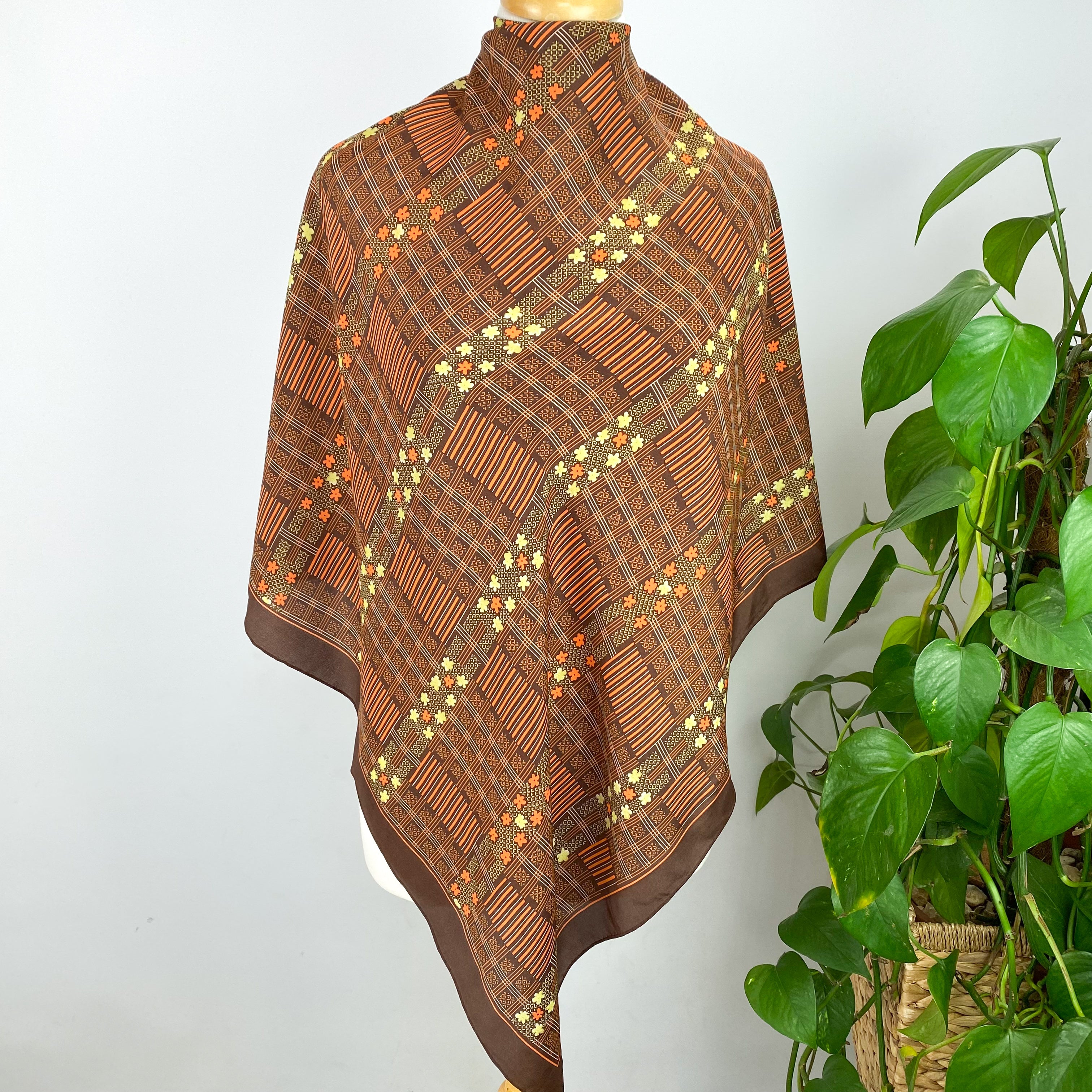 Brown Patterned Vintage Silk Scarf