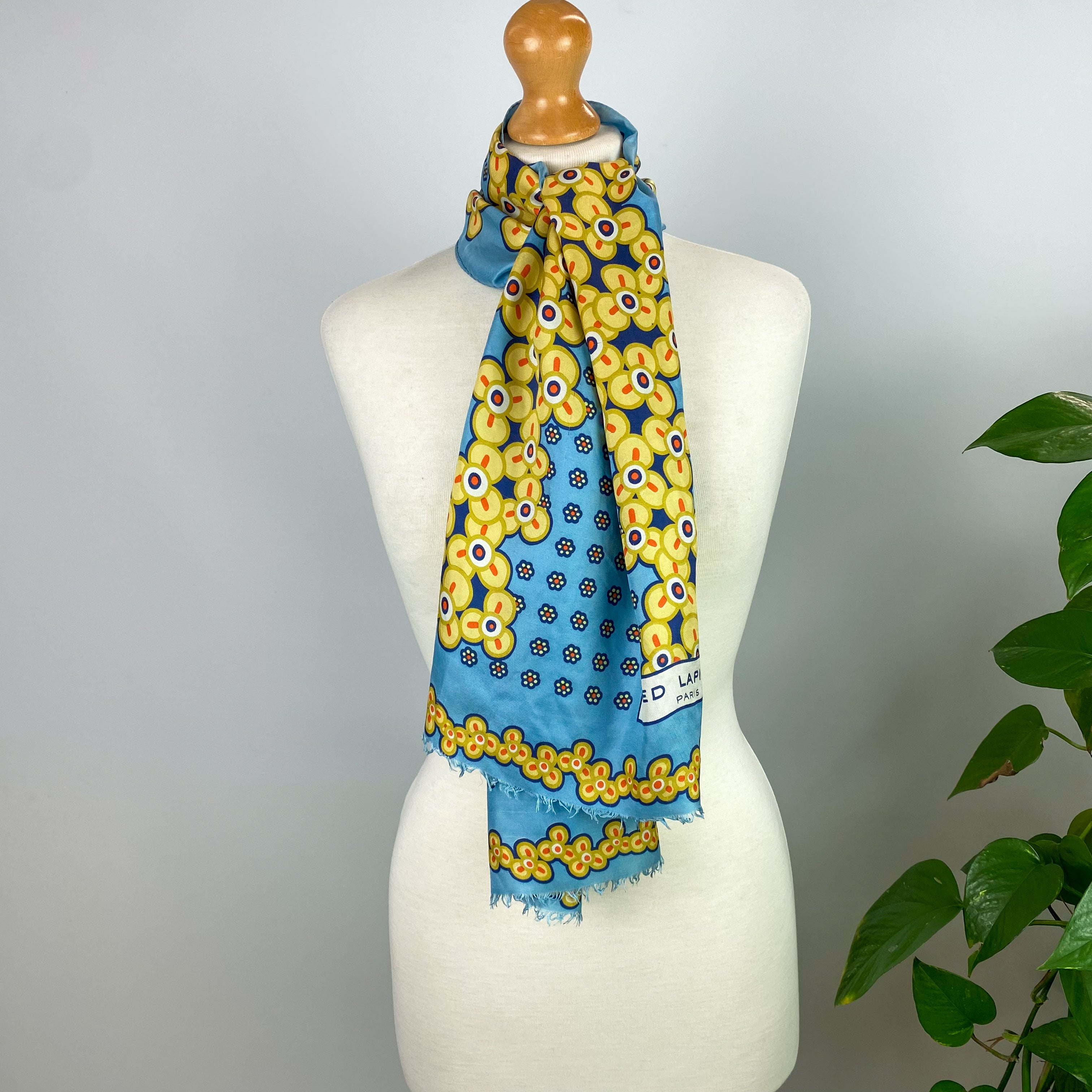 Ted Lapidus Blue and Yellow Vintage Silk Scarf