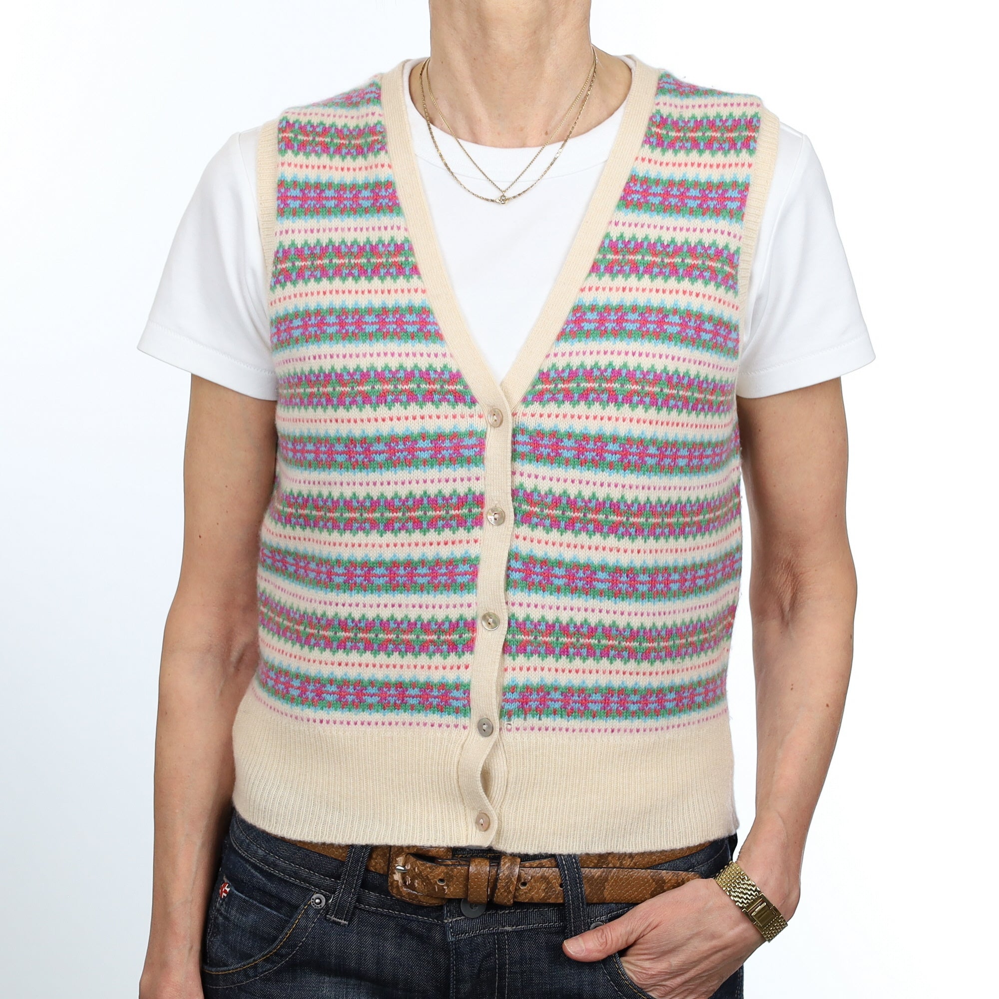 Scottish Brora Multicoloured Fair Isle Cashmere V Neck Waistcoat Small