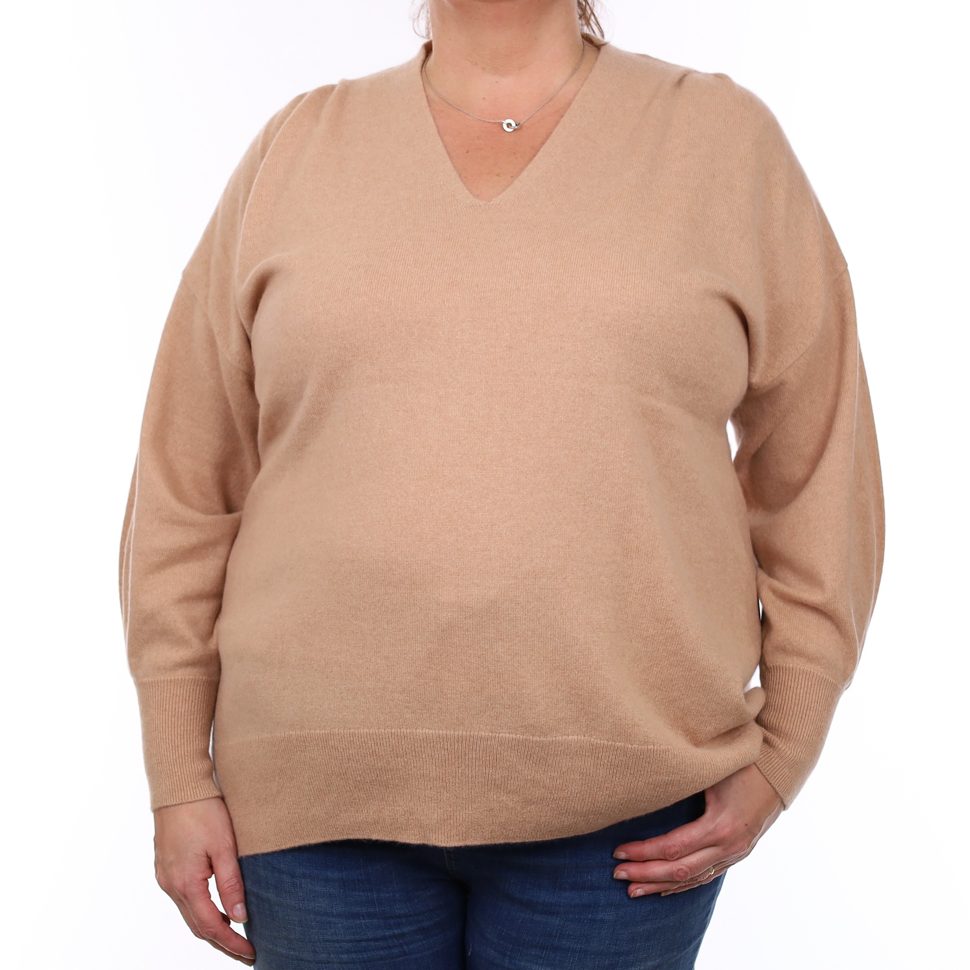 Pale Caramel Brown Cashmere V Neck Jumper Extra Large