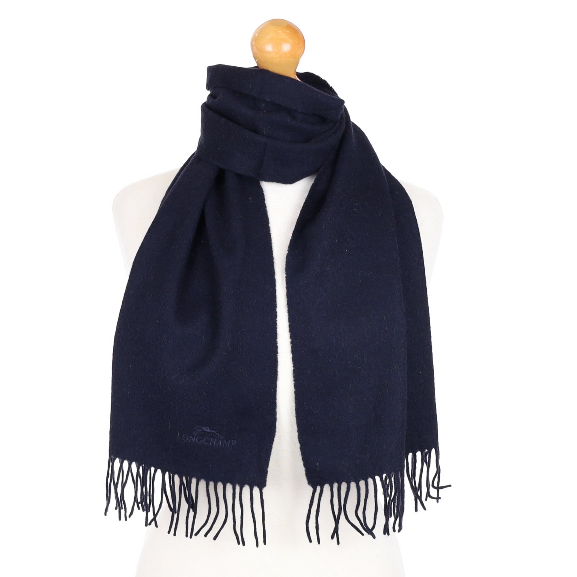 Longchamp Dark Navy Cashmere Fringed Woven Scarf