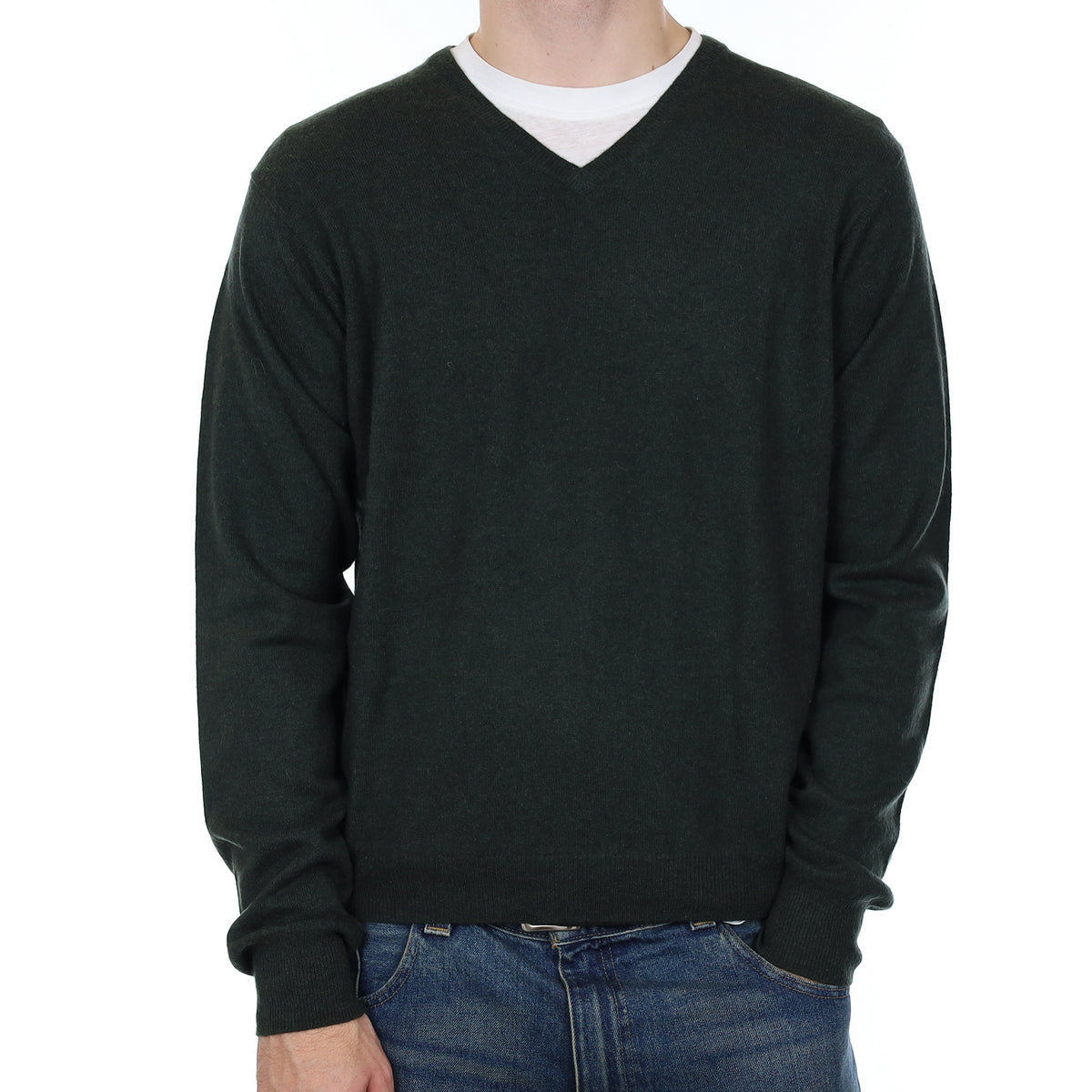 Men’s Deep Khaki Green Cashmere V Neck Jumper Large