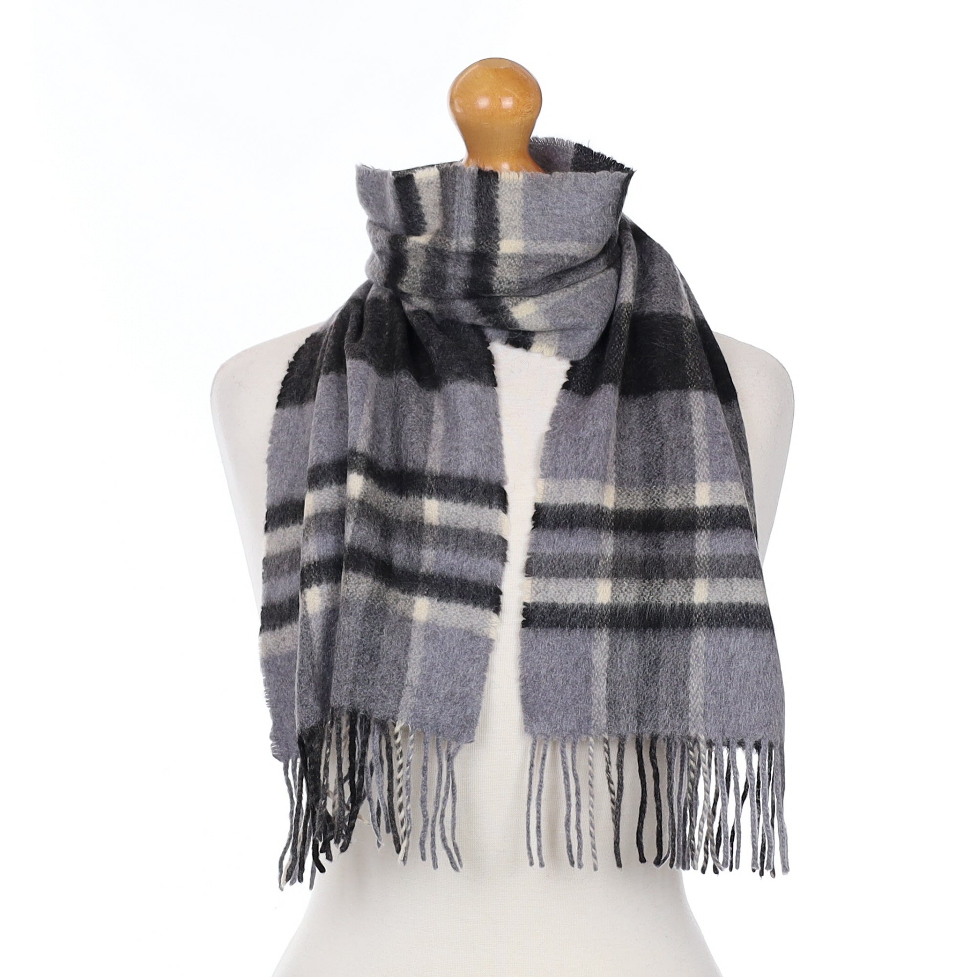 Grey Plaid Cashmere Woven Scarf