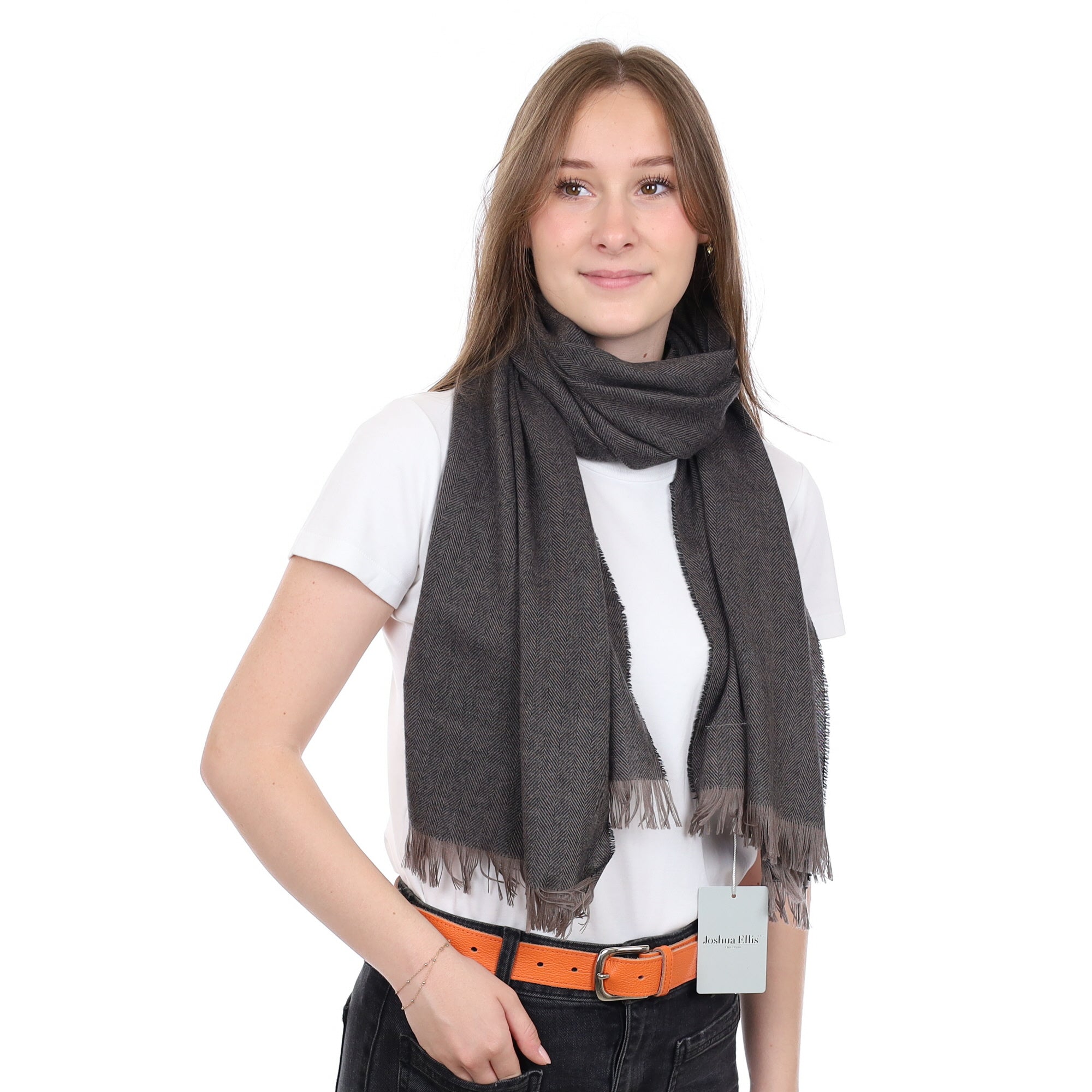 Brand New Scottish Grey & Mocha Herringbone Luxury Woven Cashmere Mini Wrap