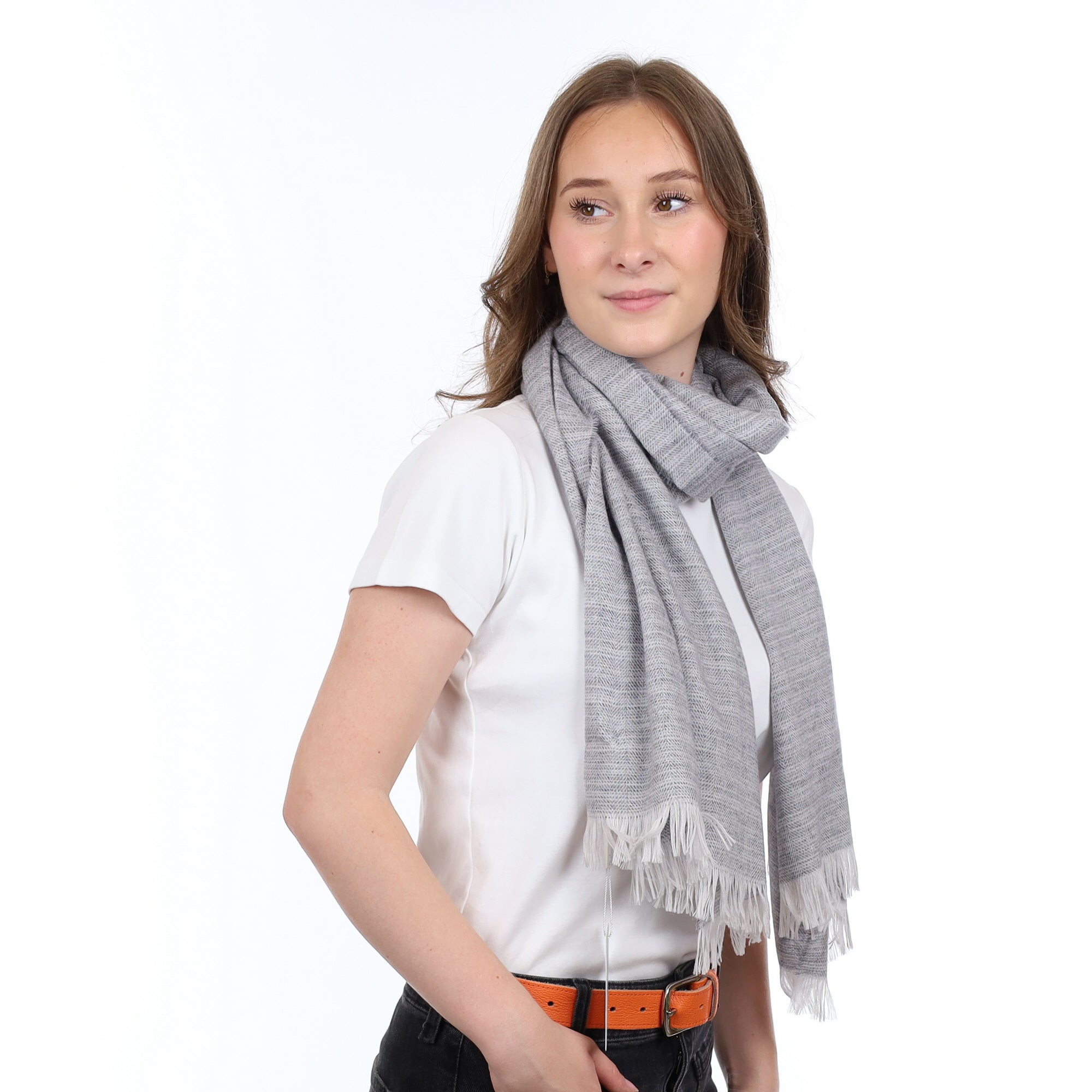 Brand New British Smoke Grey and Ivory Luxury Woven Cashmere Mini Wrap