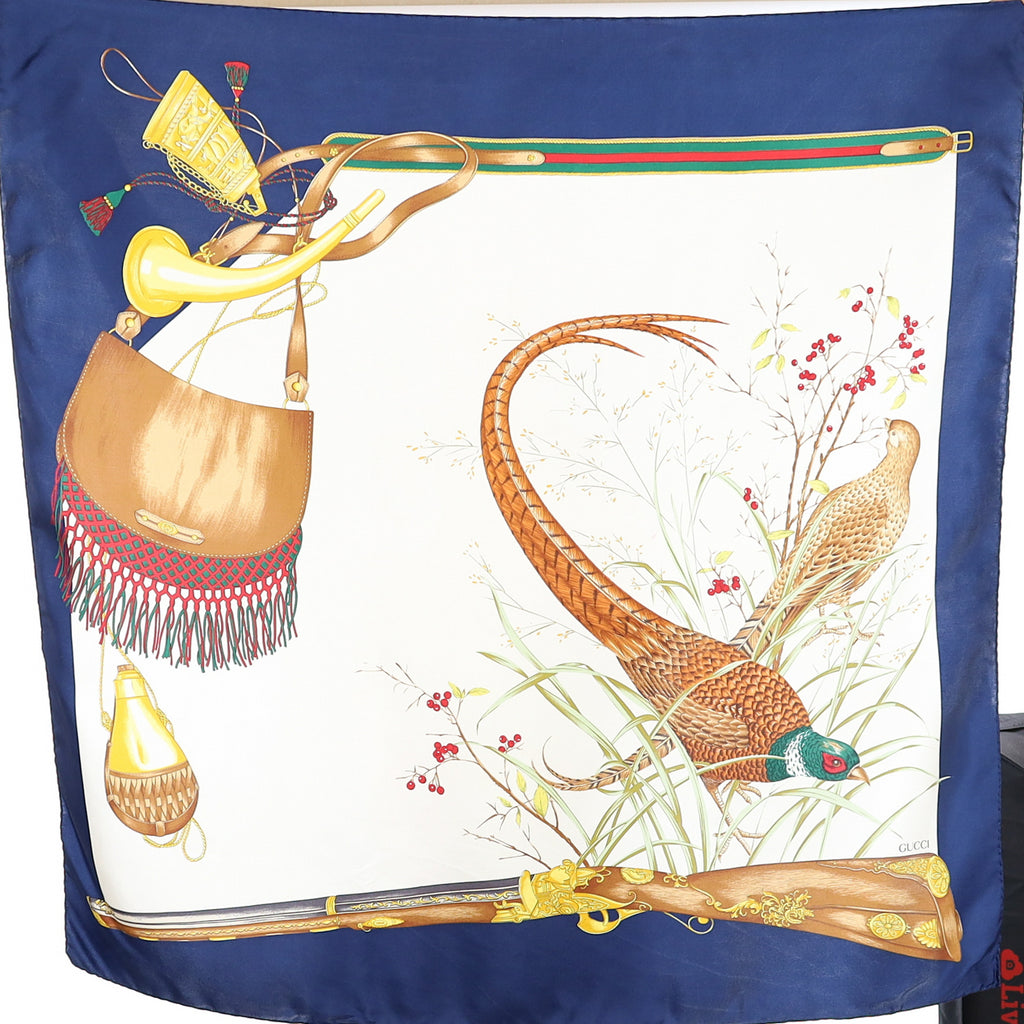 Brand New Gucci Pheasant Hunt Navy Vintage Silk Scarf