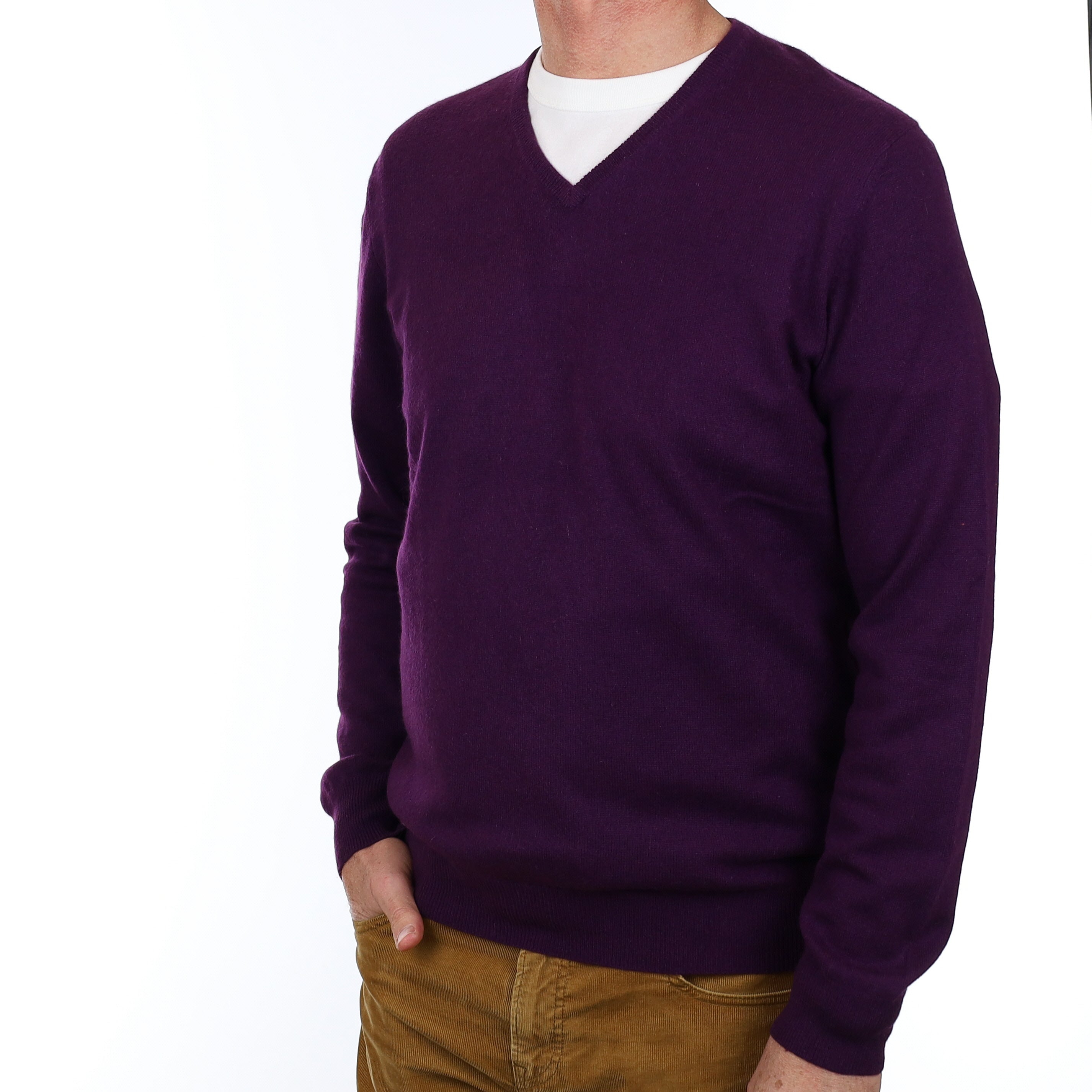 Men’s Deep Purple Cashmere V Neck Jumper Extra Large