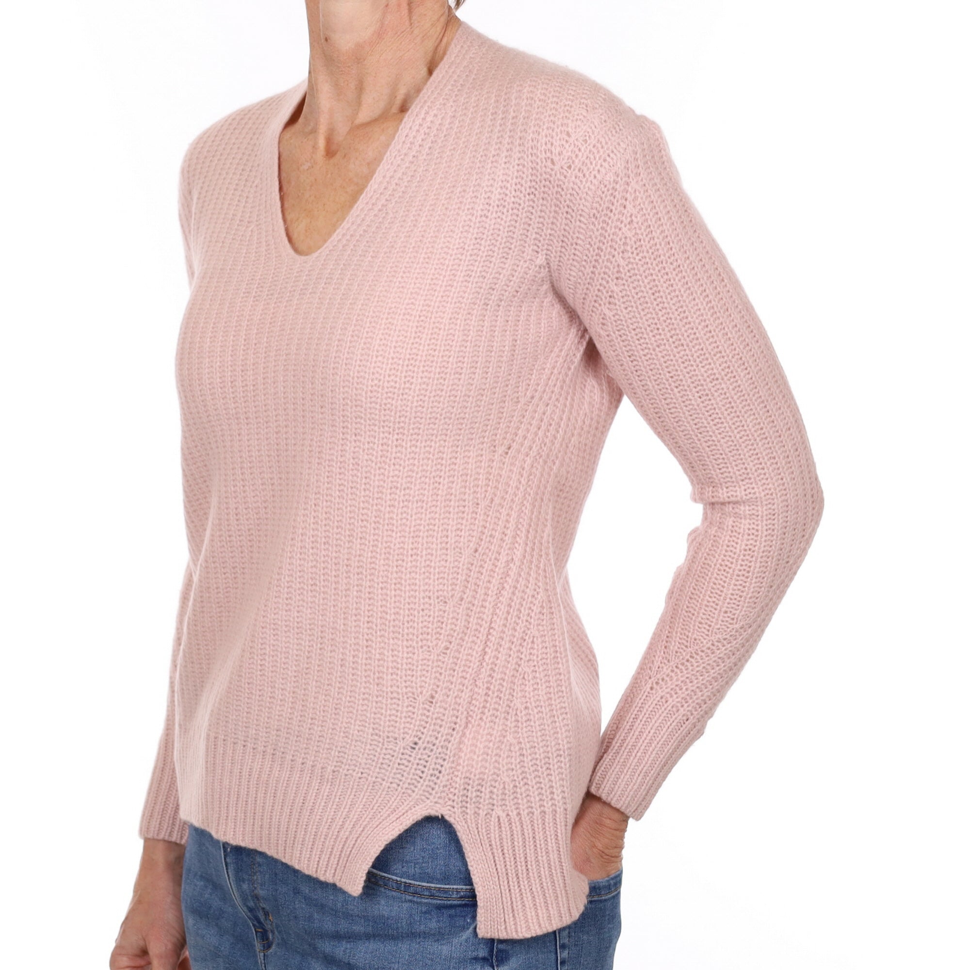 Pale Pink Cashmere Chunky V Neck Jumper Small