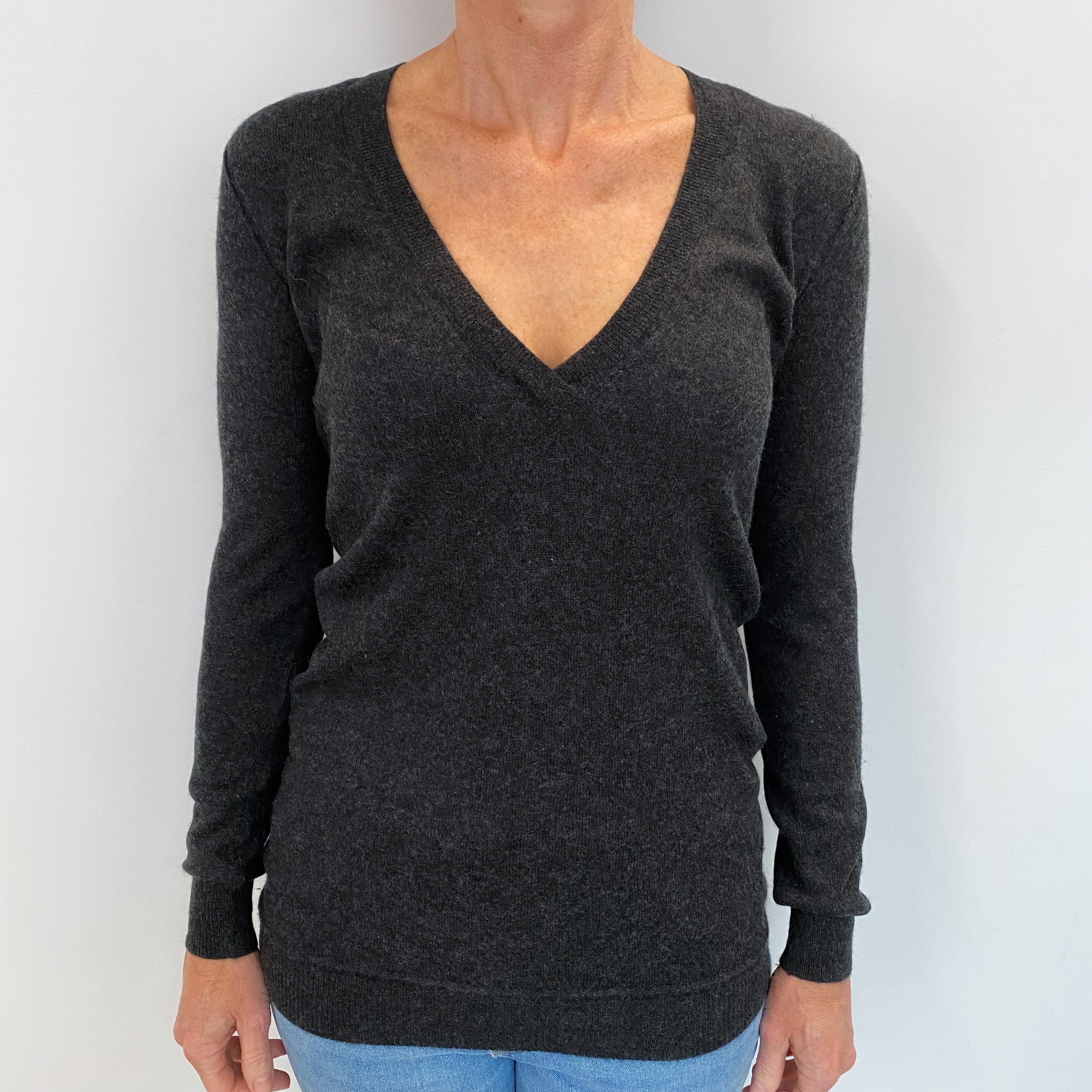 Dark Charcoal Grey Cashmere V Neck Jumper Small