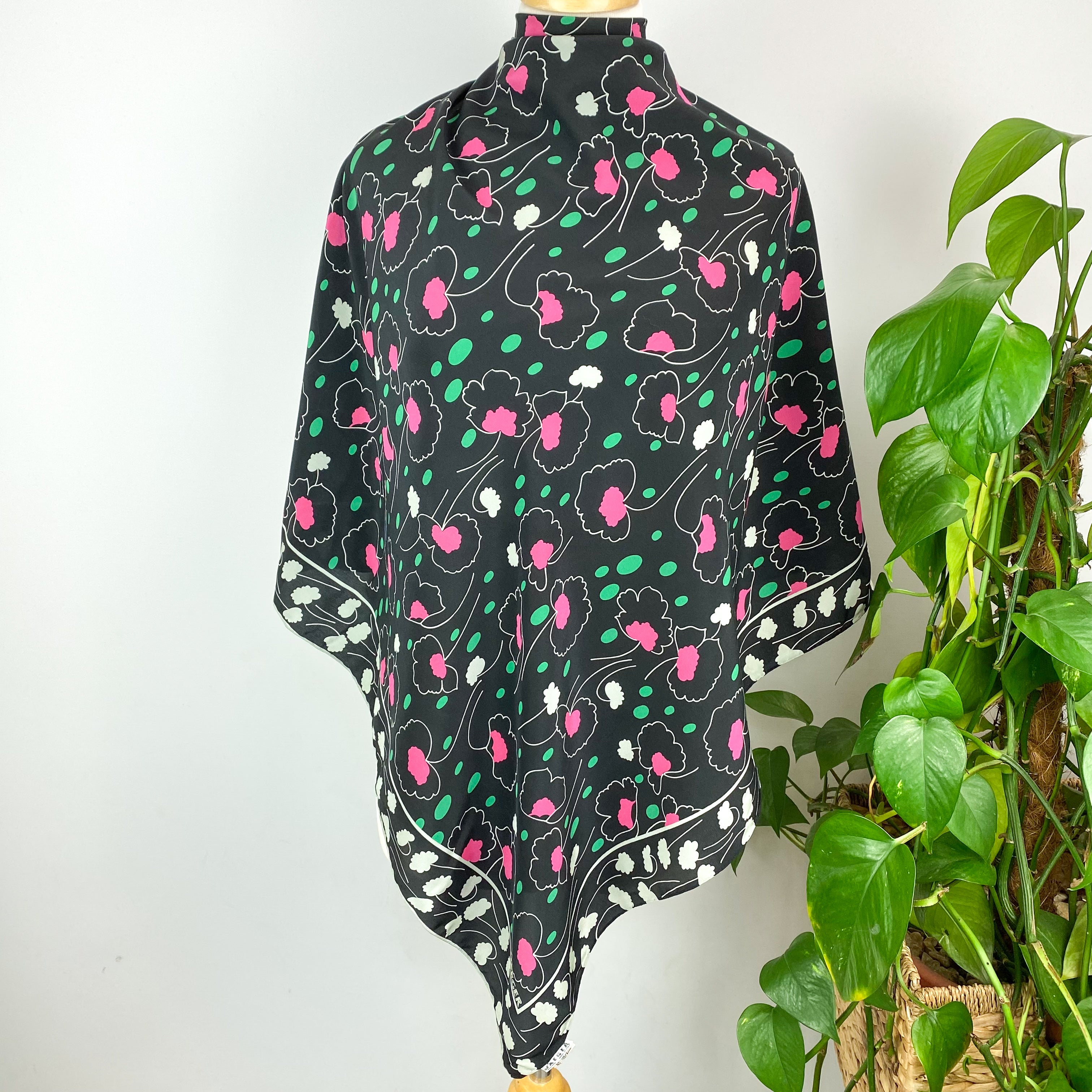 Vintage Black Floral Jaeger Silk Scarf