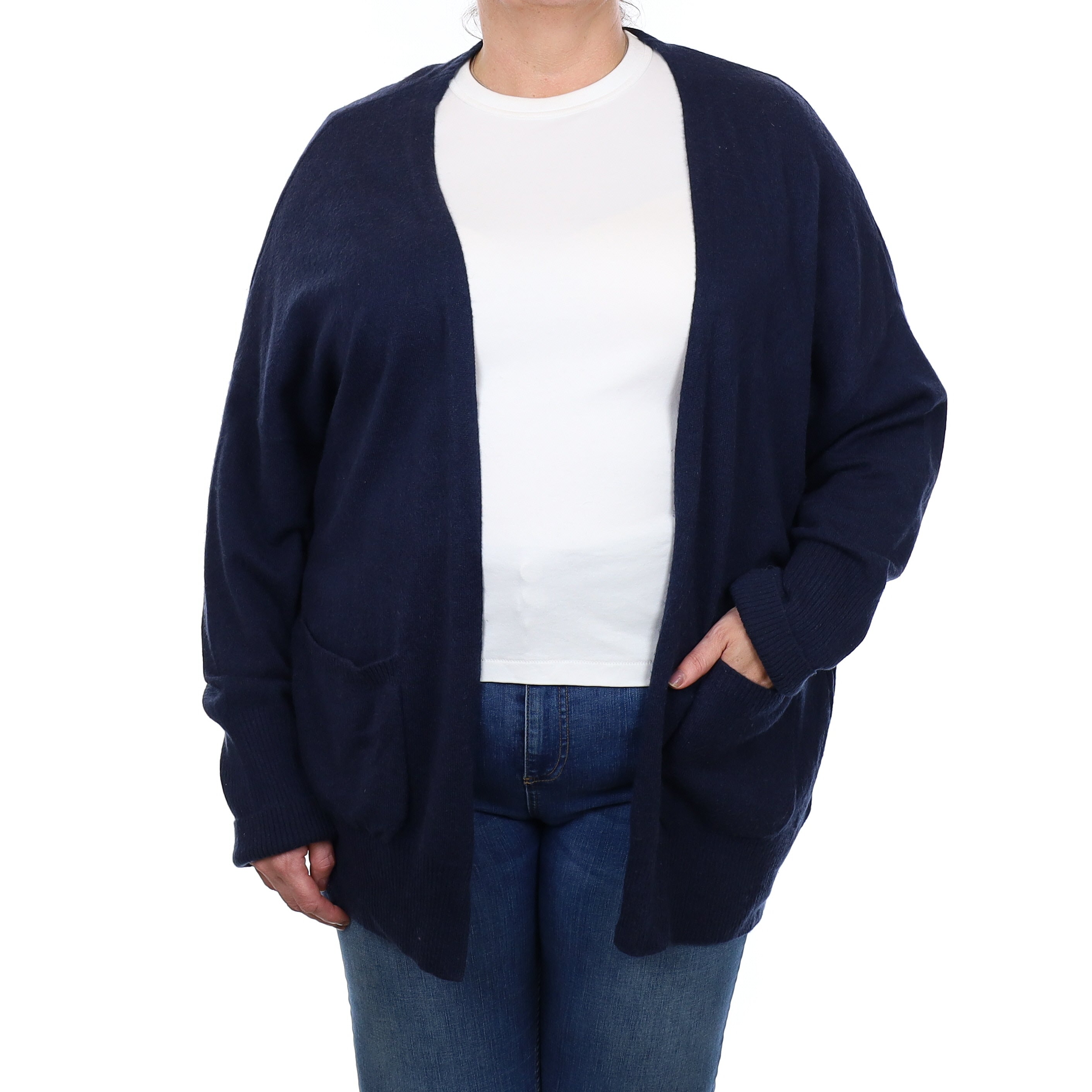 Navy Cashmere Longline Edge to Edge Cardigan with Pockets Extra Large