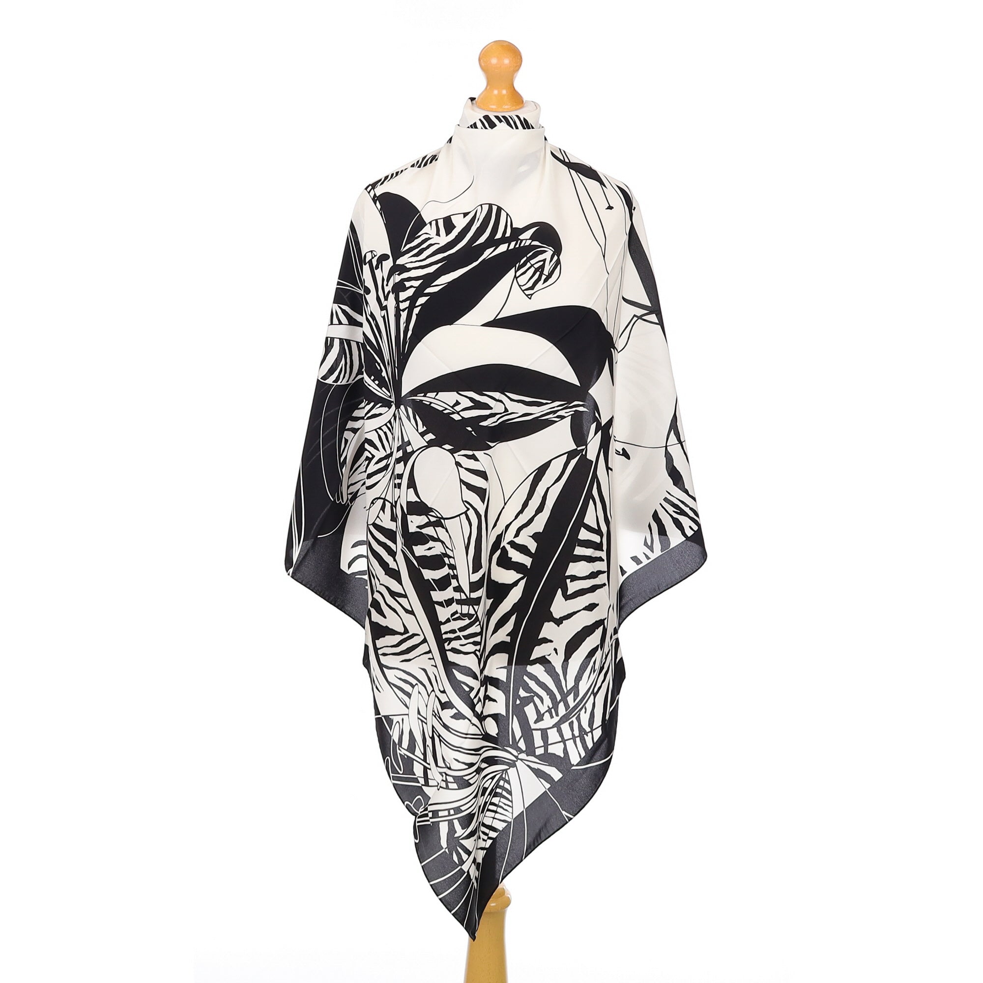 Brand New Italian Black Tropical Flower Silk Scarf