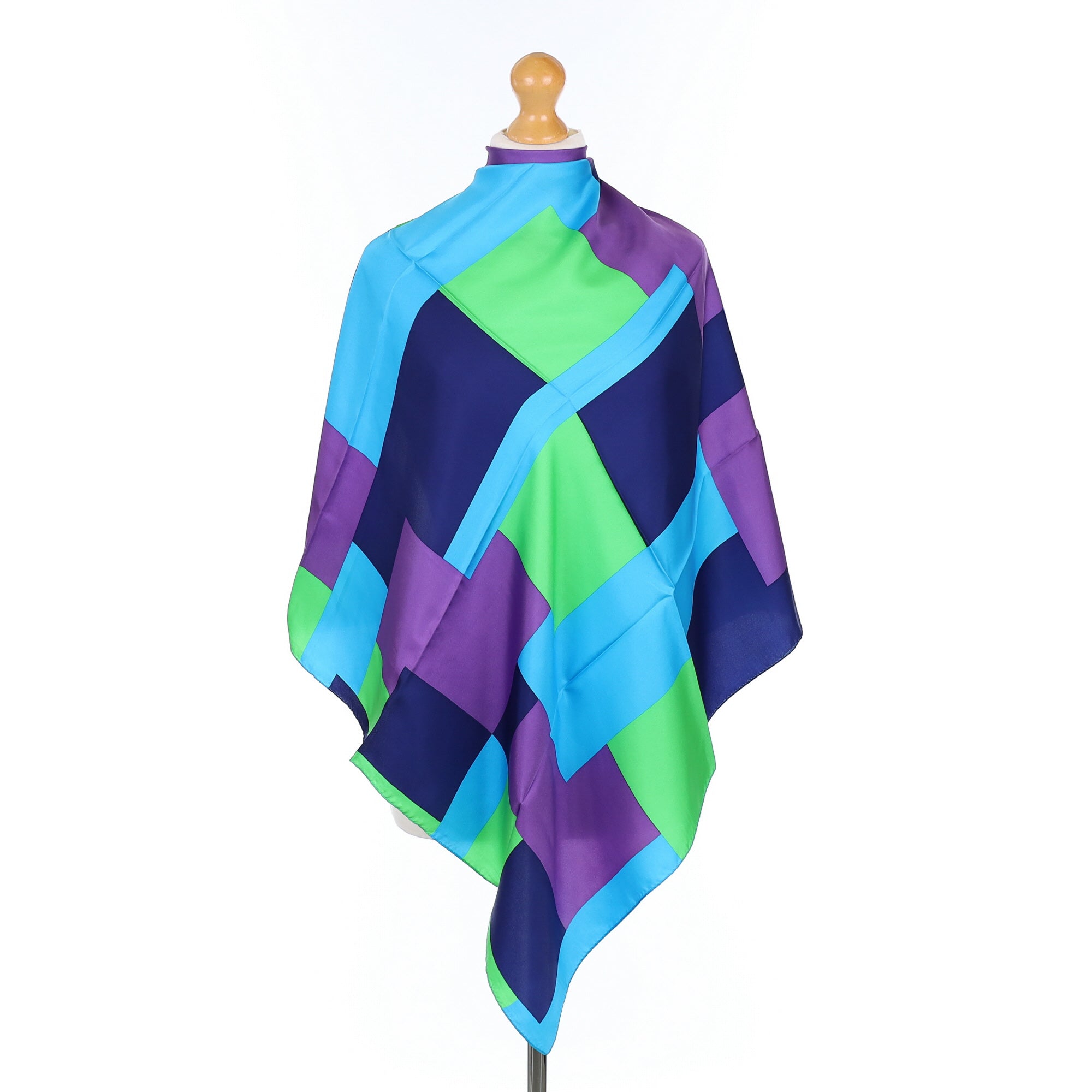 Blue Green and Purple Checked Silk Scarf
