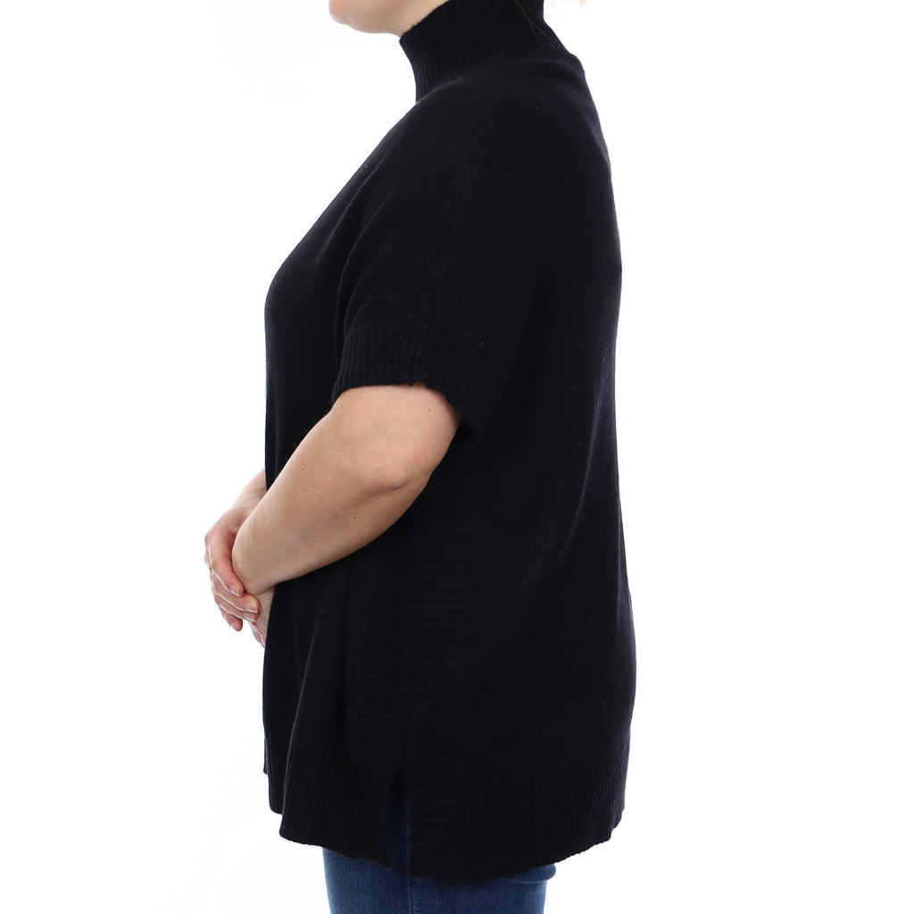 Black Cashmere Slouchy Capped Sleeve Turtle Neck Tunic Large